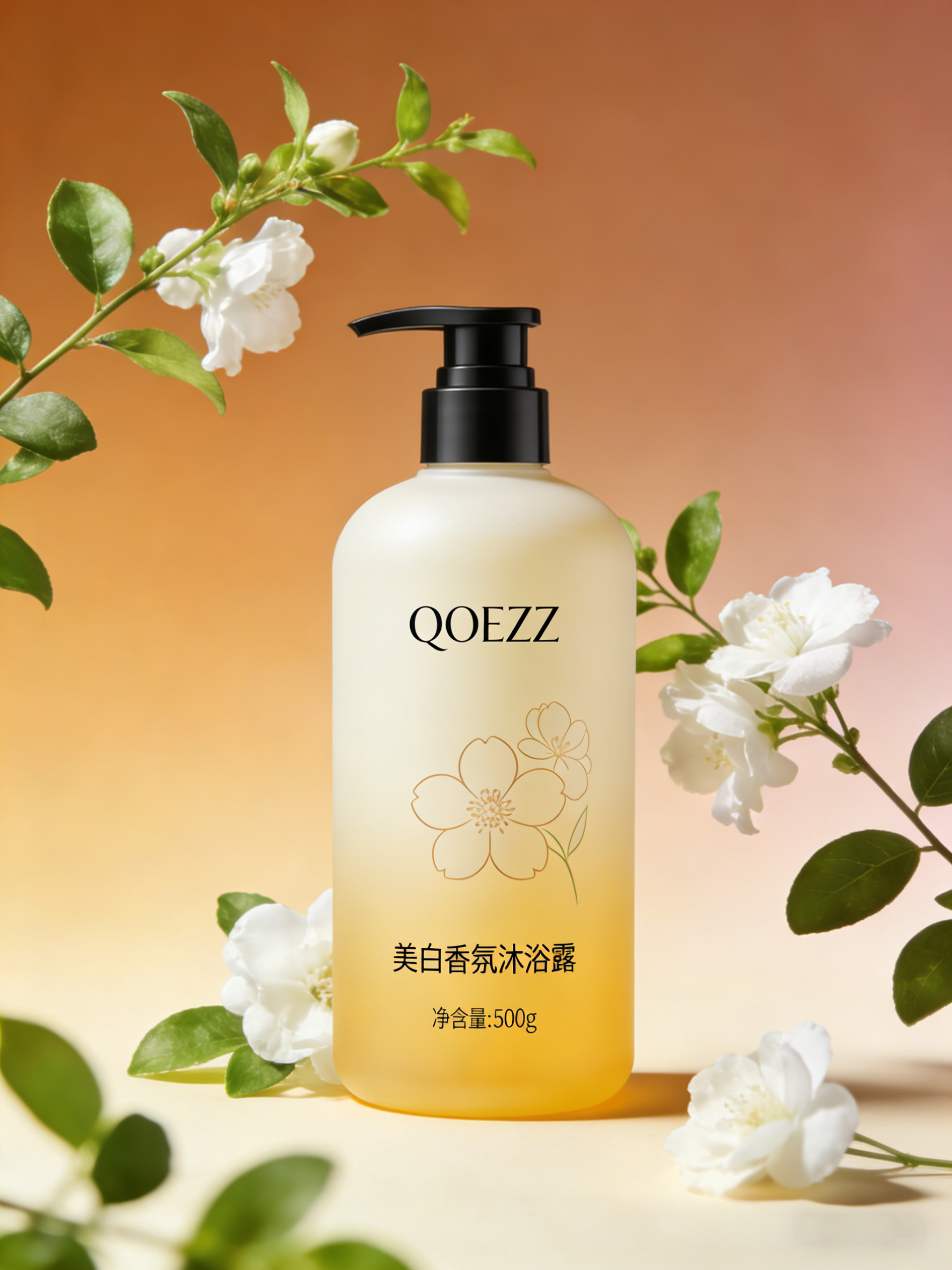 沐浴露在茉莉花装饰的暖色渐变背景中