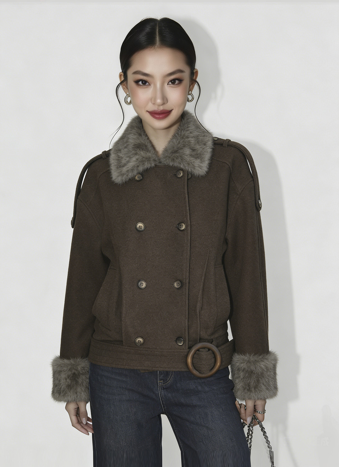 同一模特换上灰色毛领短夹克