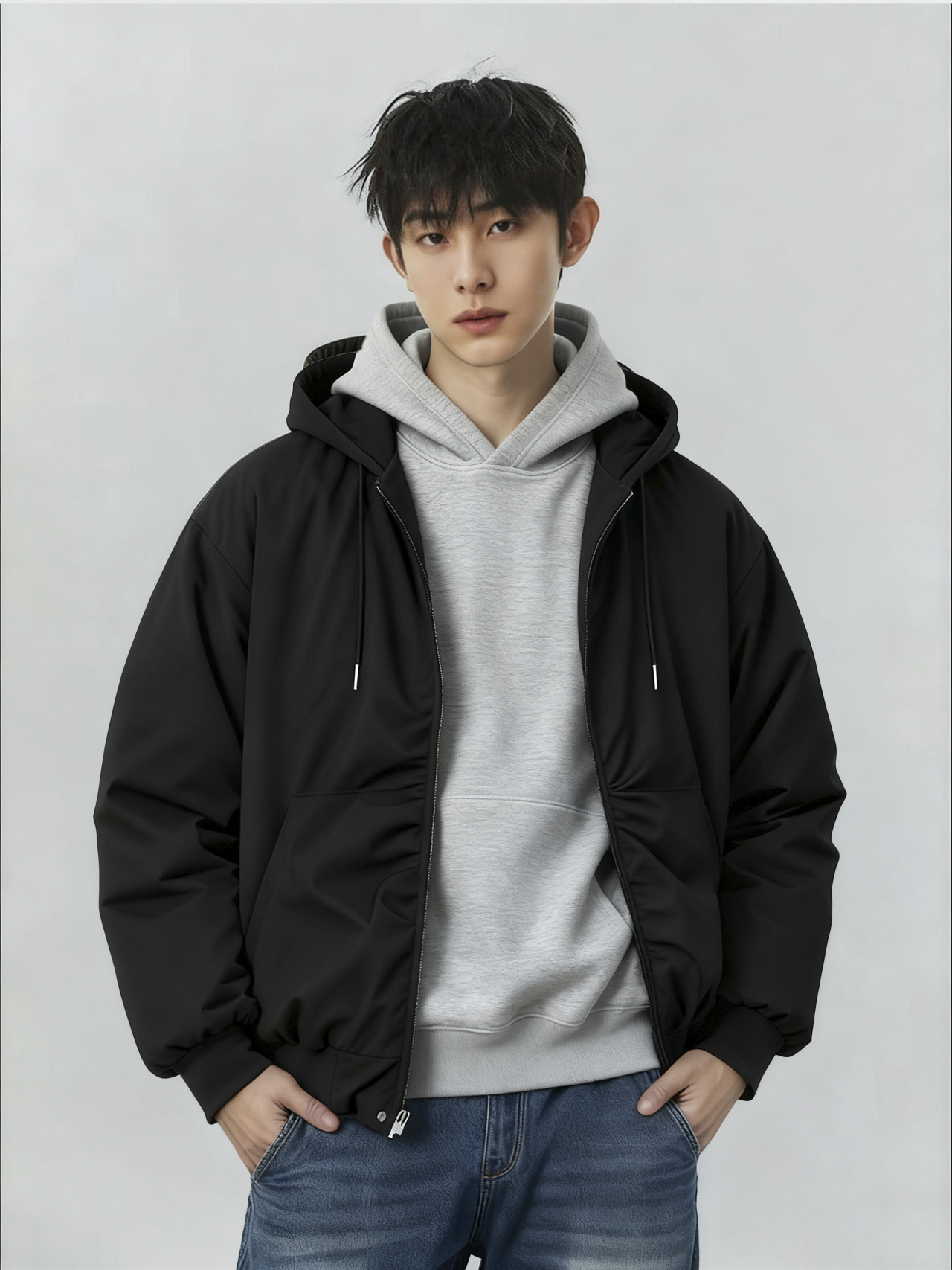 连帽外套上身到男模特身上的效果