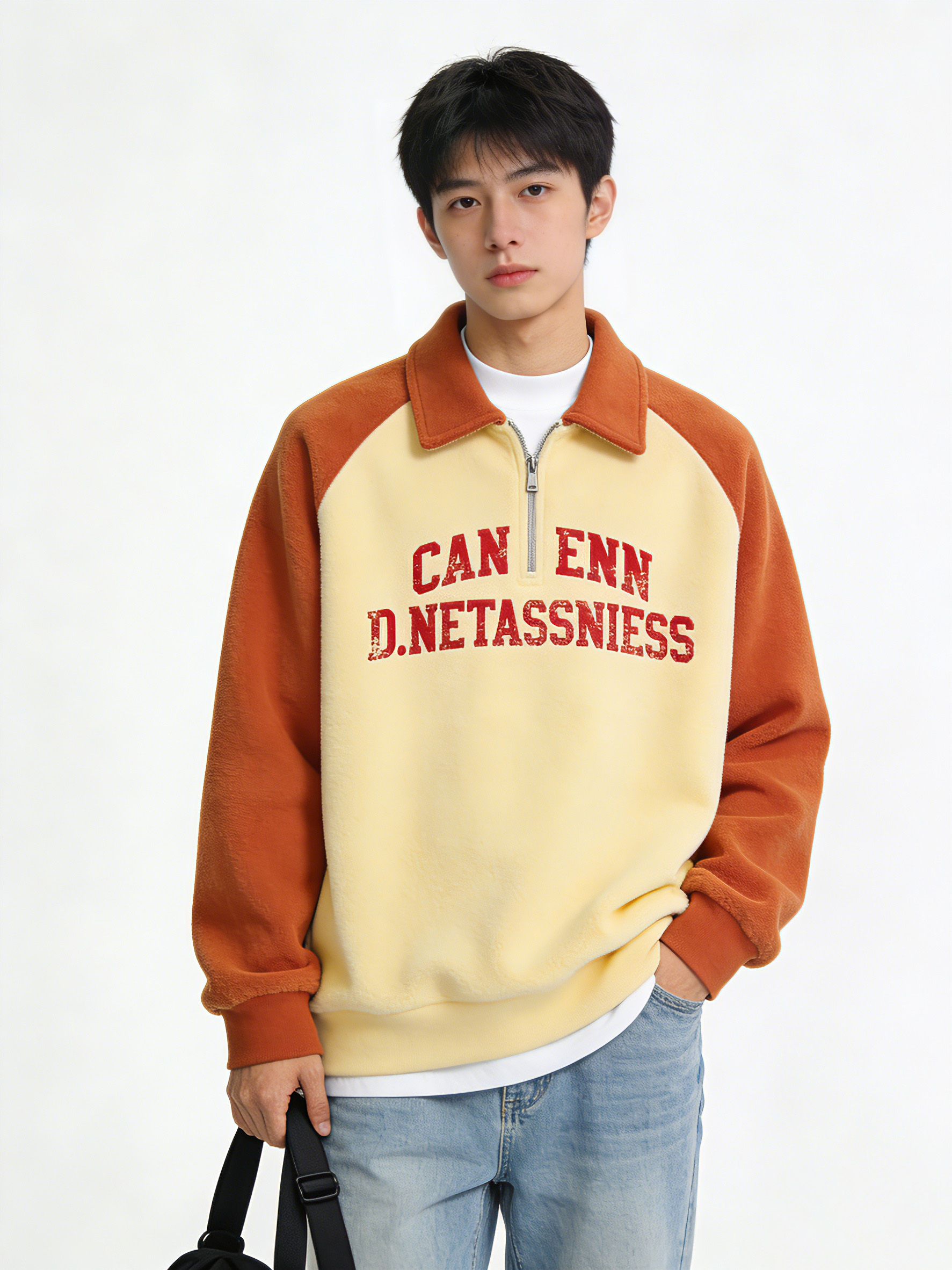 男模特换上橙白撞色翻领卫衣