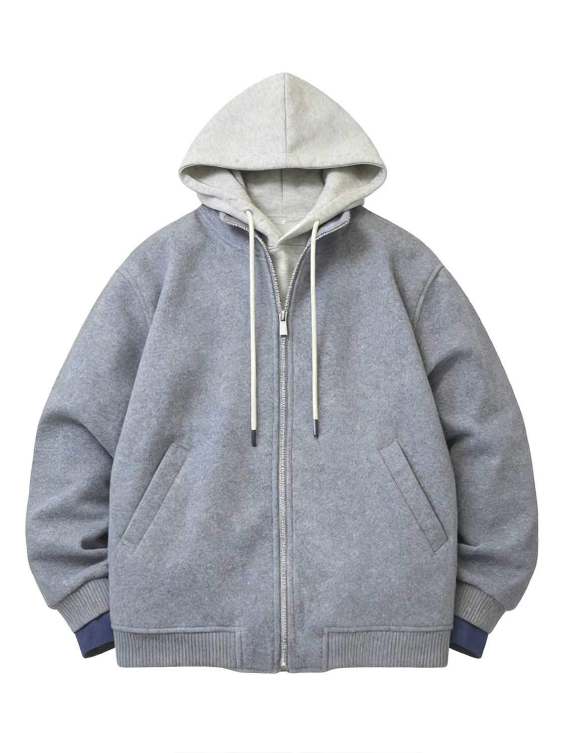 灰色拉链连帽卫衣白底平铺图