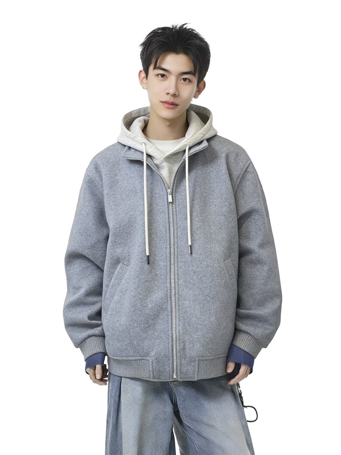 男模特穿上灰色拉链连帽卫衣