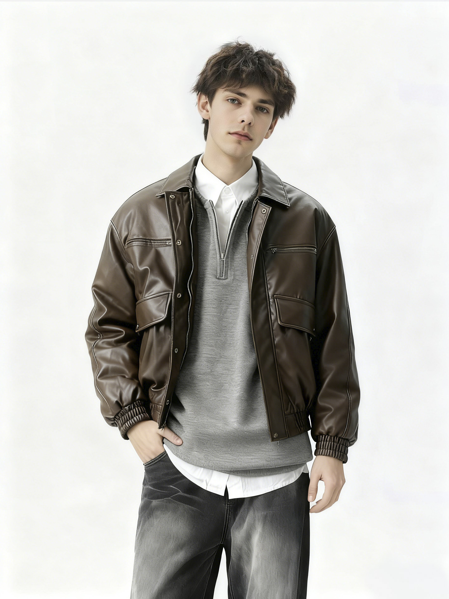 模特原图穿着棕色皮夹克