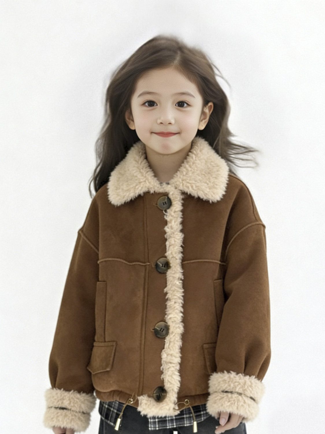 小女孩穿棕色毛绒大翻领外套