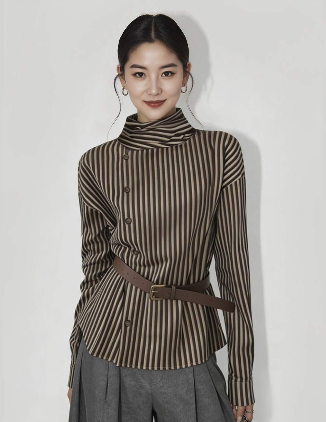 女模特穿棕绿色竖条纹高领衫