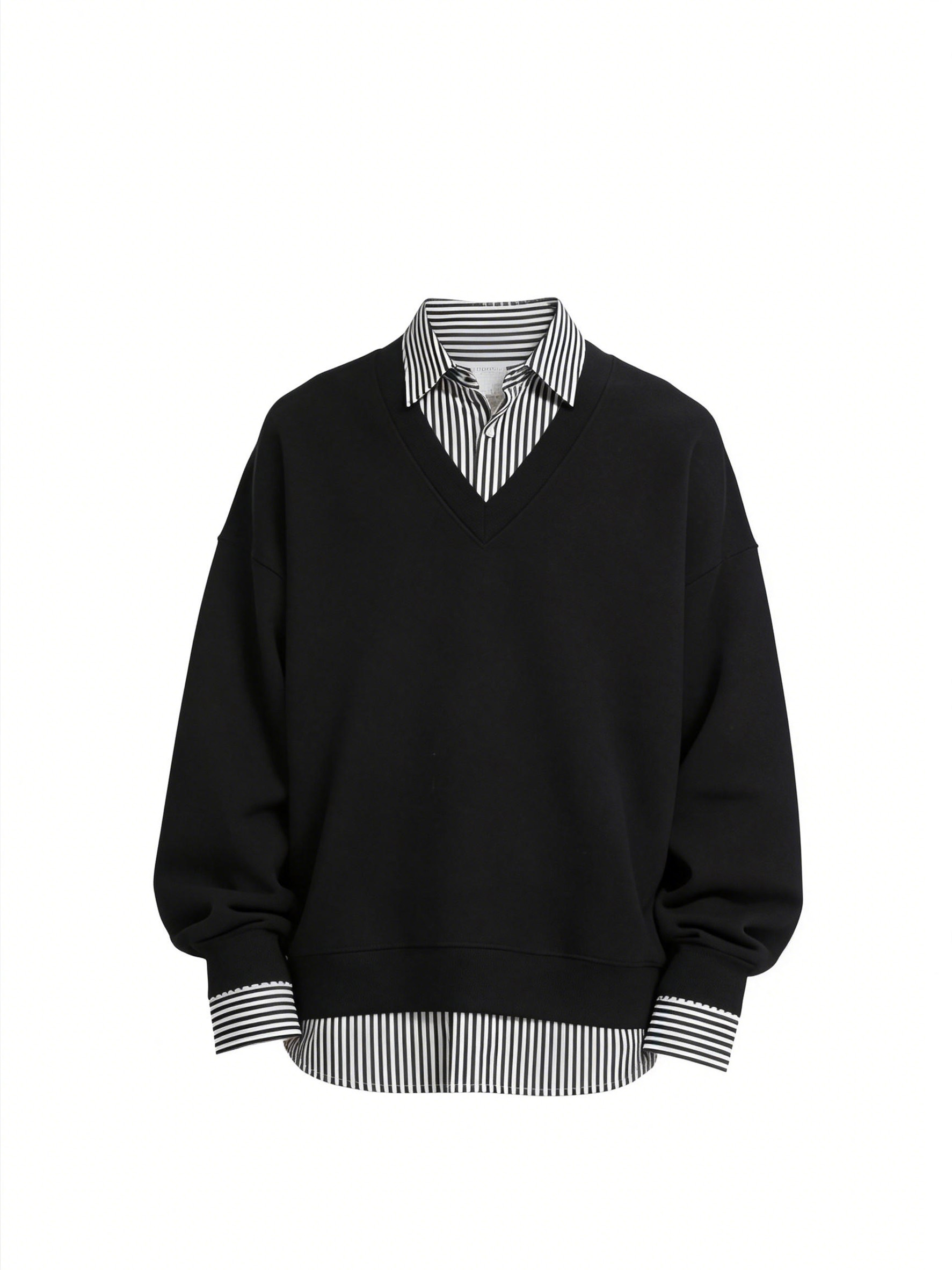 黑色V领假两件卫衣白底图