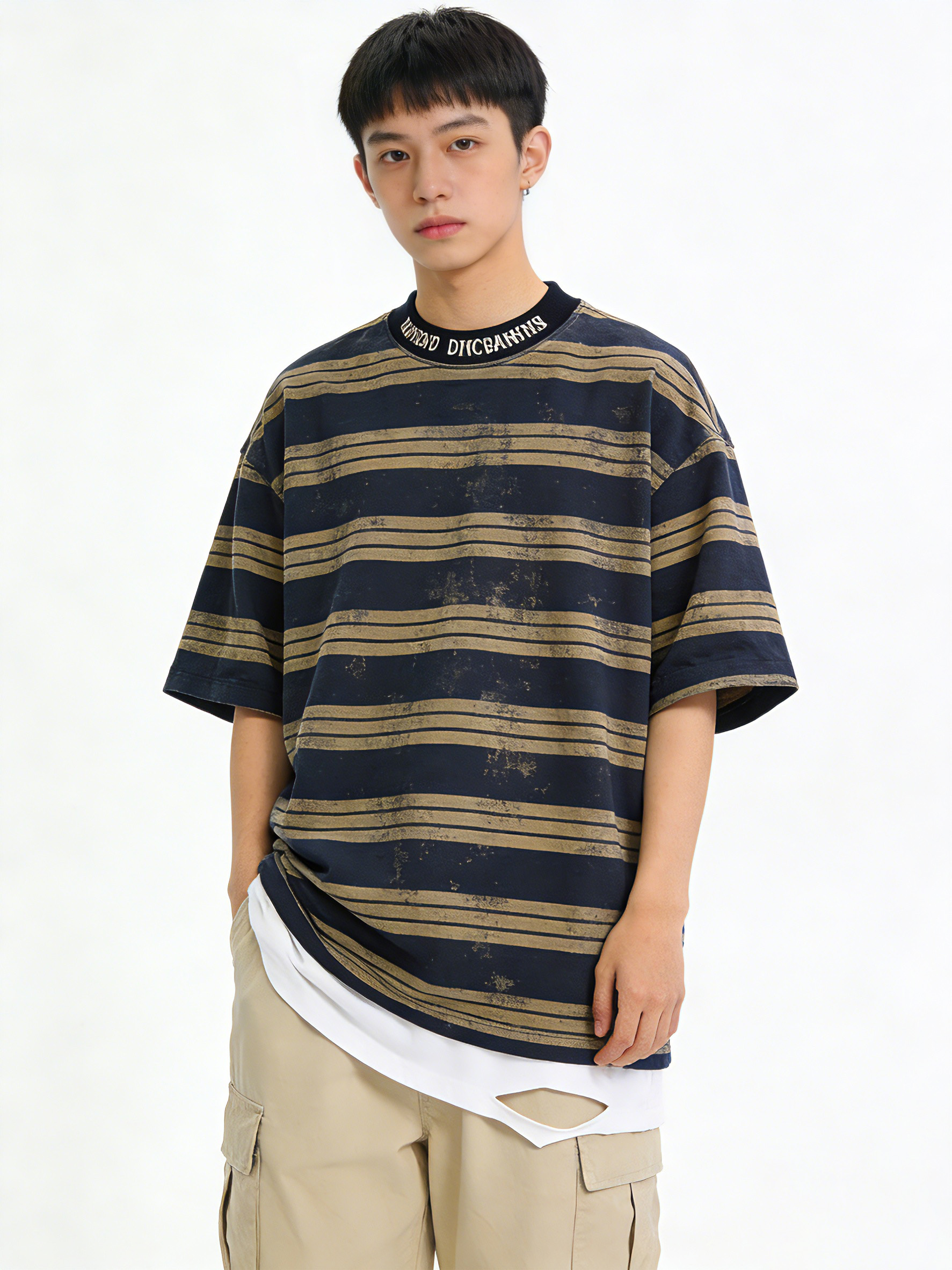 男模特换上条纹短袖T恤