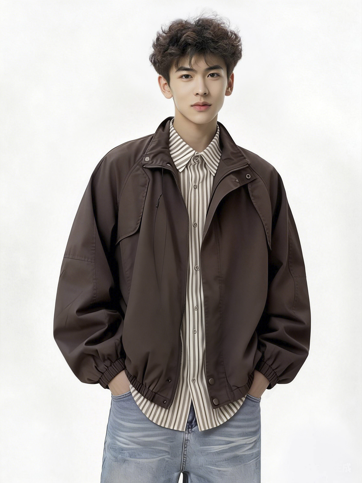 同一男模换上蓝色衬衫的上身效果