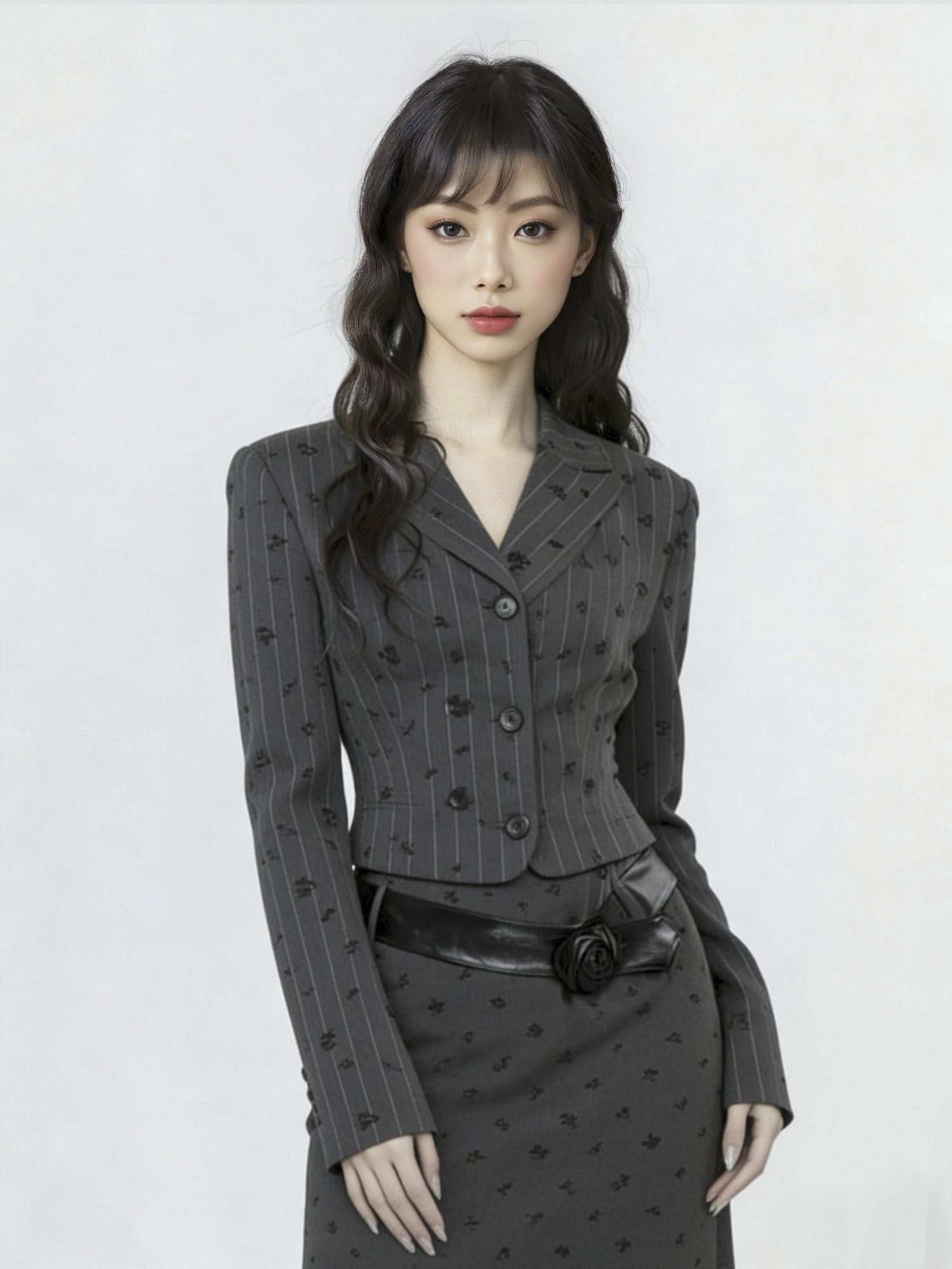 女模特穿上条纹西装套裙的效果