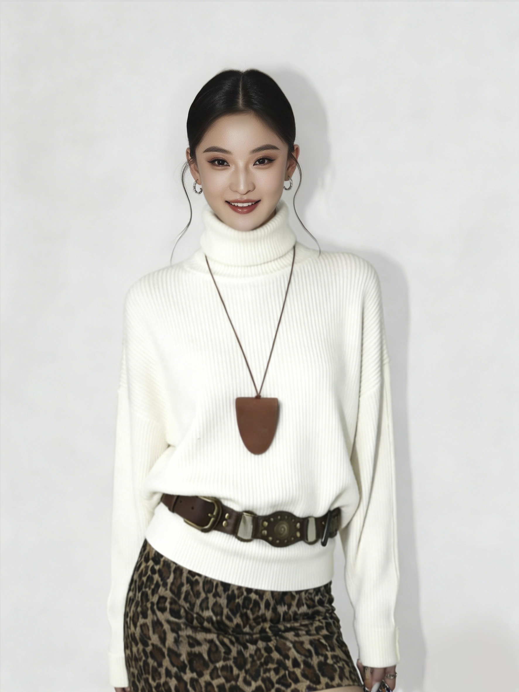 女模特换上白色高领毛衣后的效果