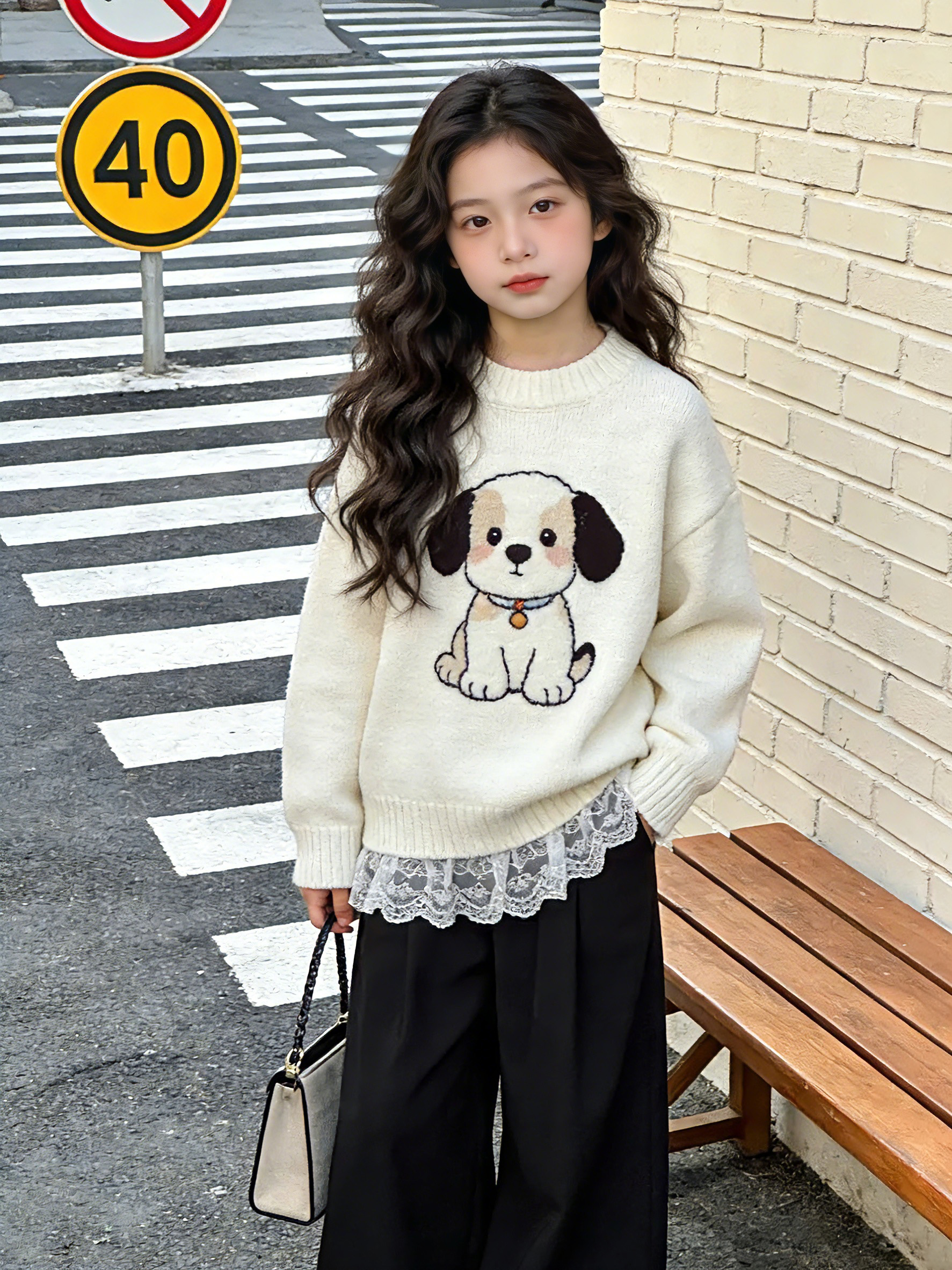 女童模特穿上小狗图案针织衫
