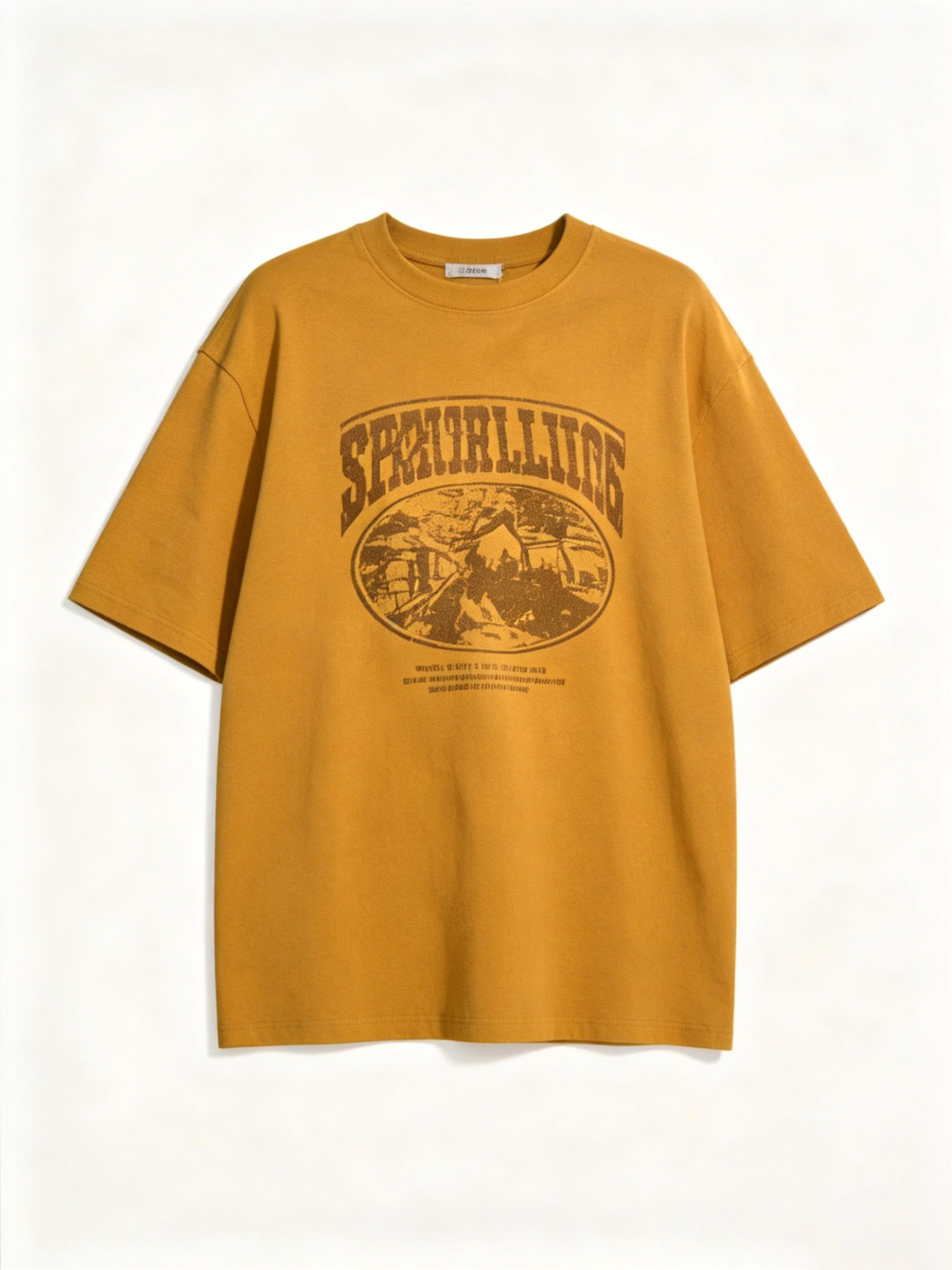 姜黄色印花T恤白底平铺图
