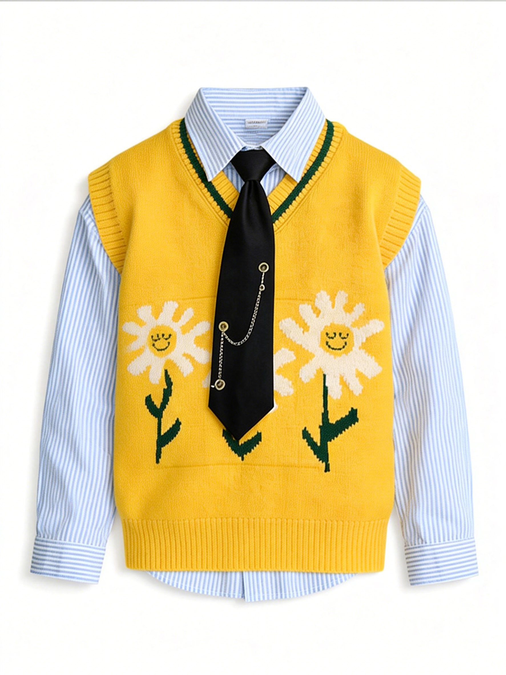 黄色向日葵图案针织背心套装平铺图