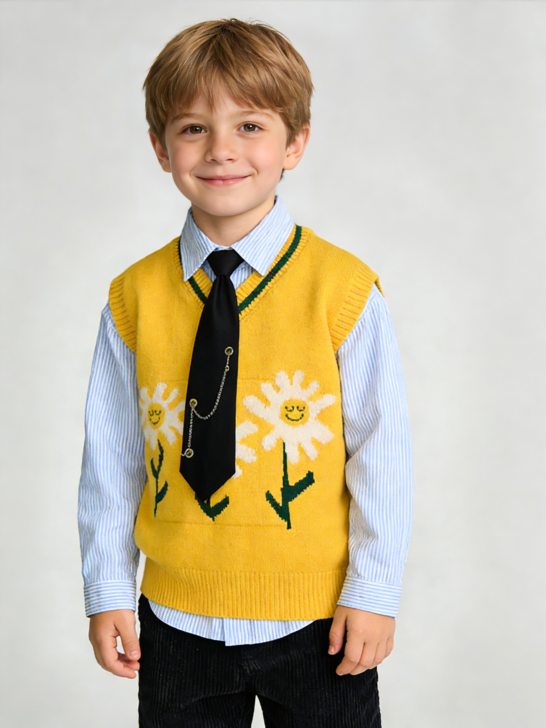 男孩模特穿着针织背心套装的上身效果