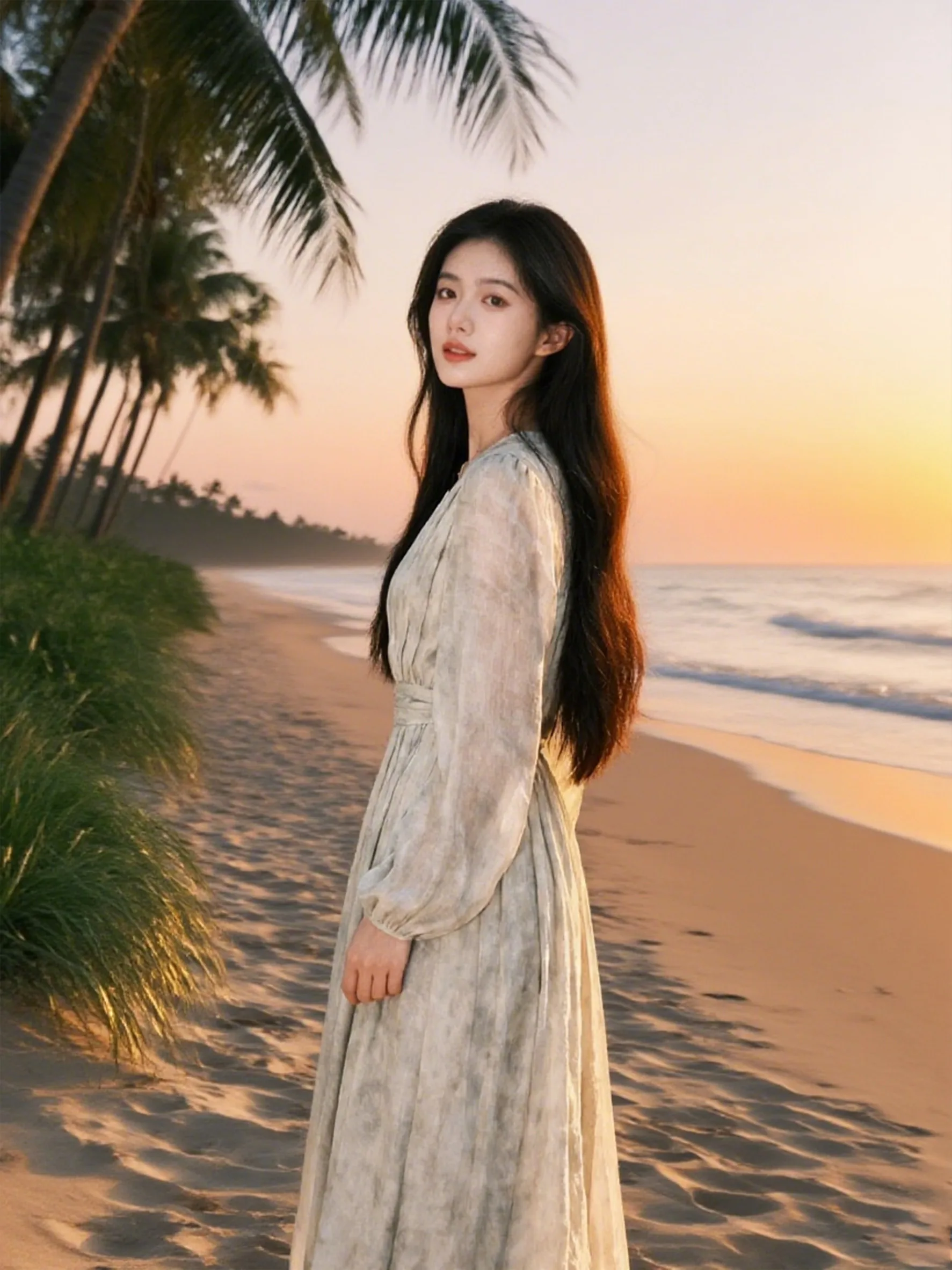 生成效果:夕阳海滩背景 人像融入海滩场景
