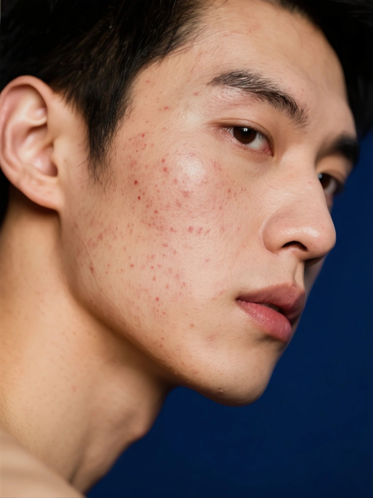 男性侧面特写脸颊痘印和泛红明显