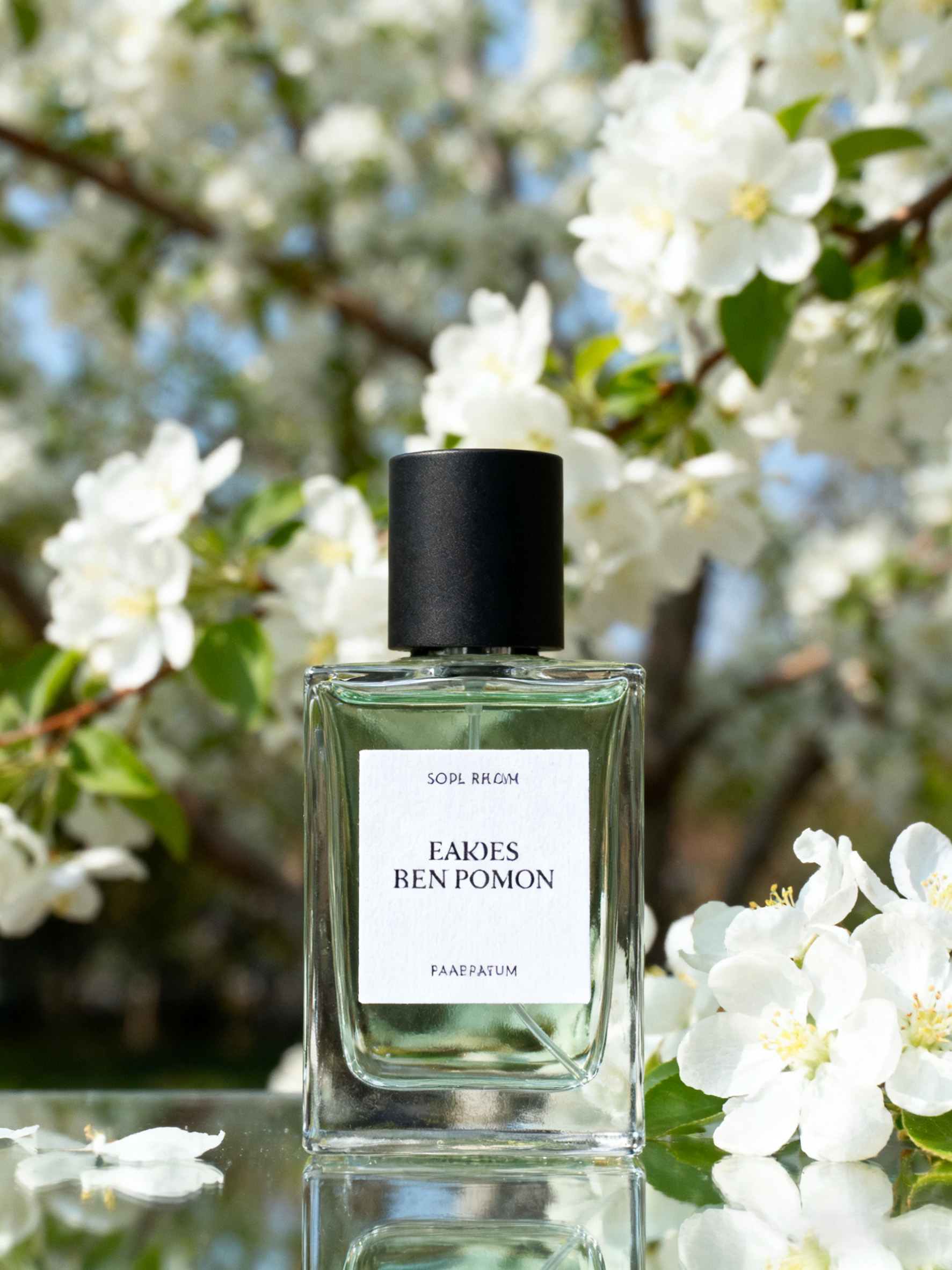 玻璃香水瓶融入花园场景玻璃反光体现