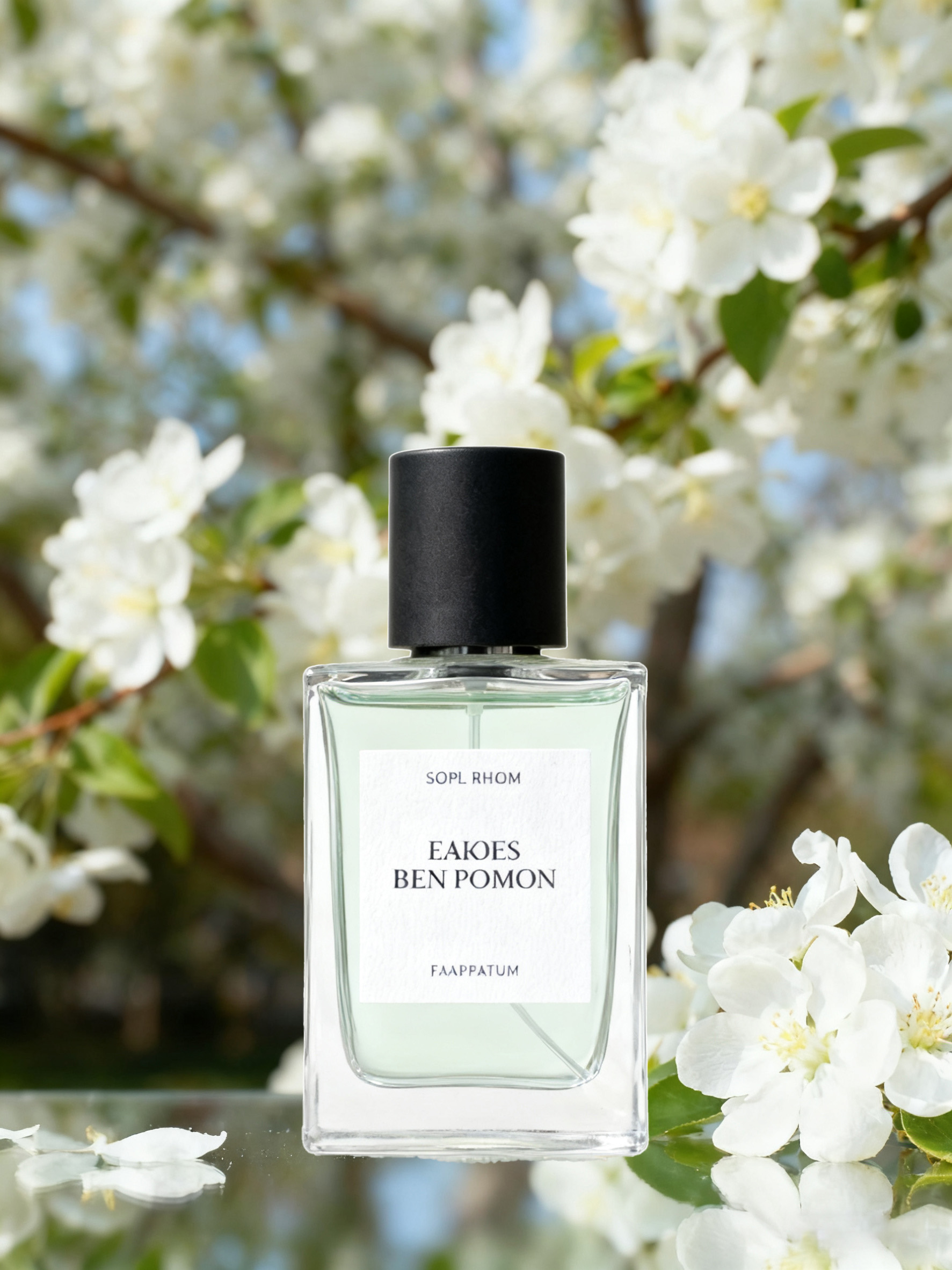 玻璃香水瓶叠放在花朵花园场景中溶图前