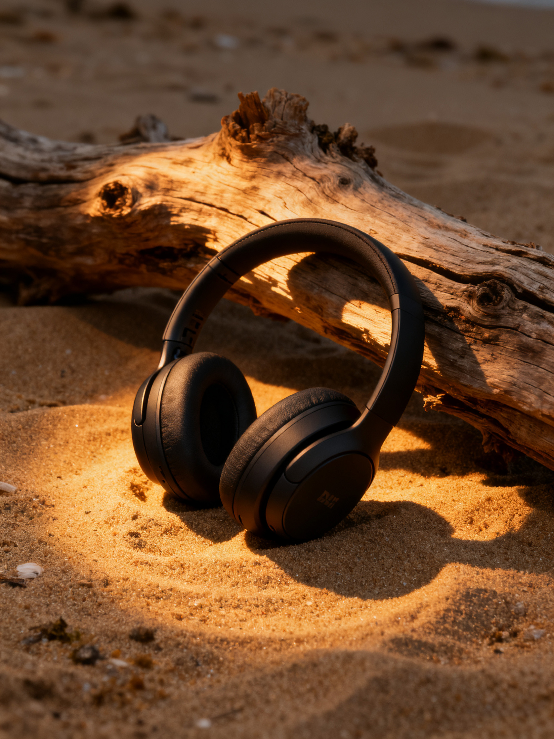 黑色头戴耳机融入沙滩场景投影和反光自然