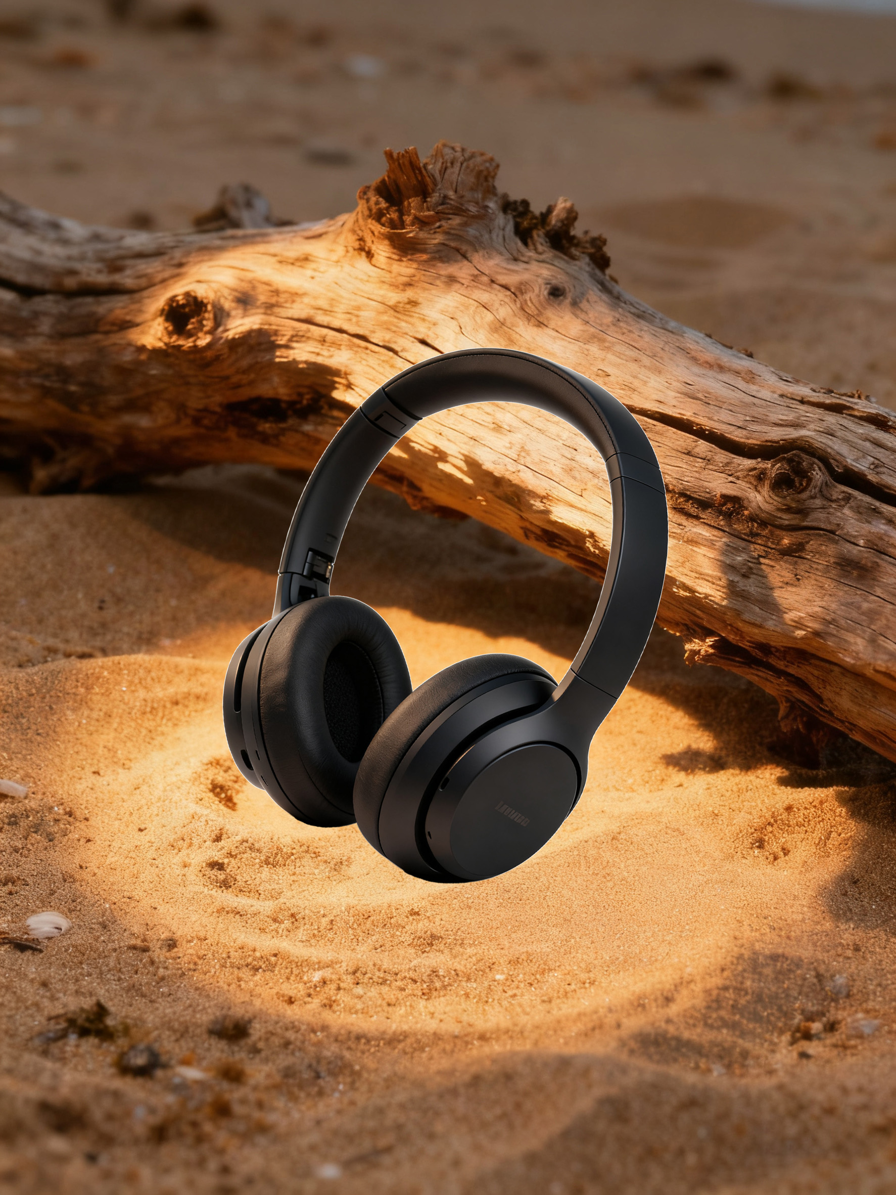 黑色头戴耳机叠放在沙滩场景上融合前