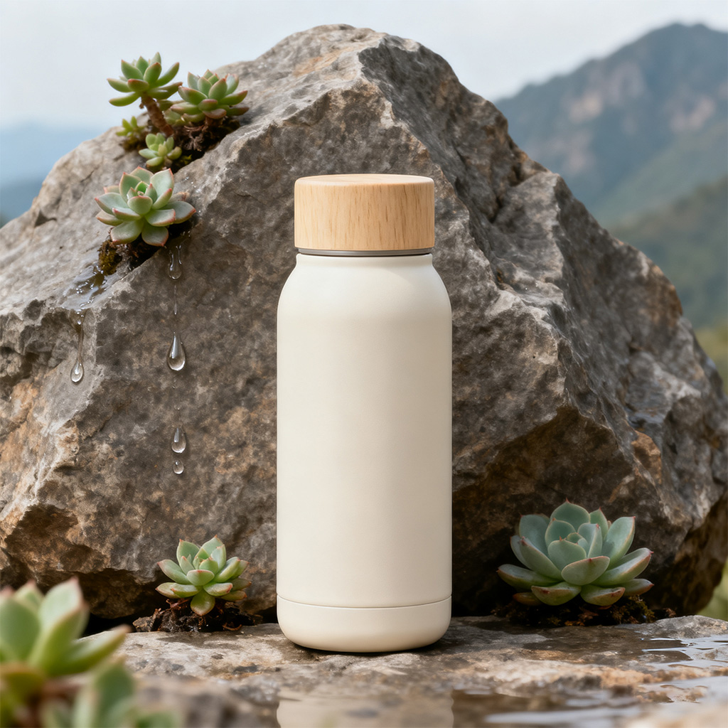 保温杯融入户外岩石场景后效果自然