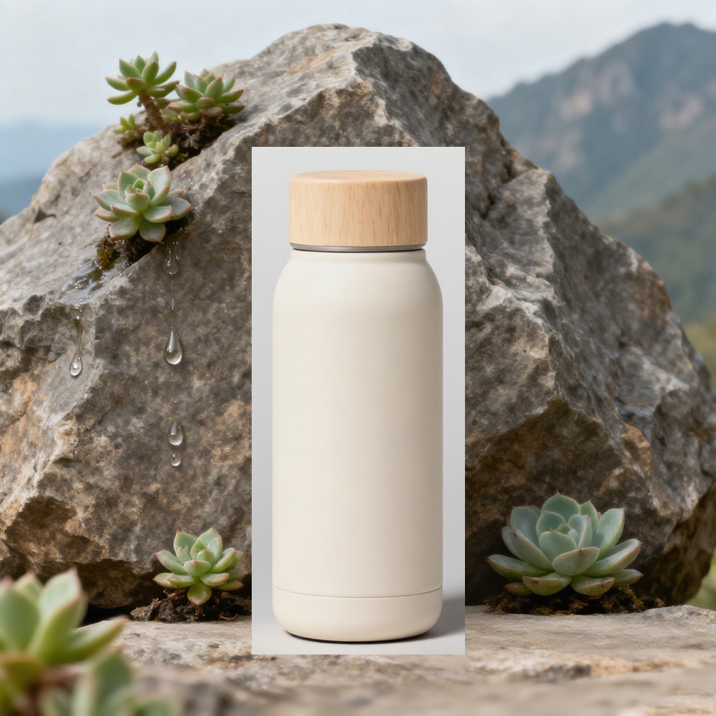 保温杯融入户外岩石场景前的白底素材