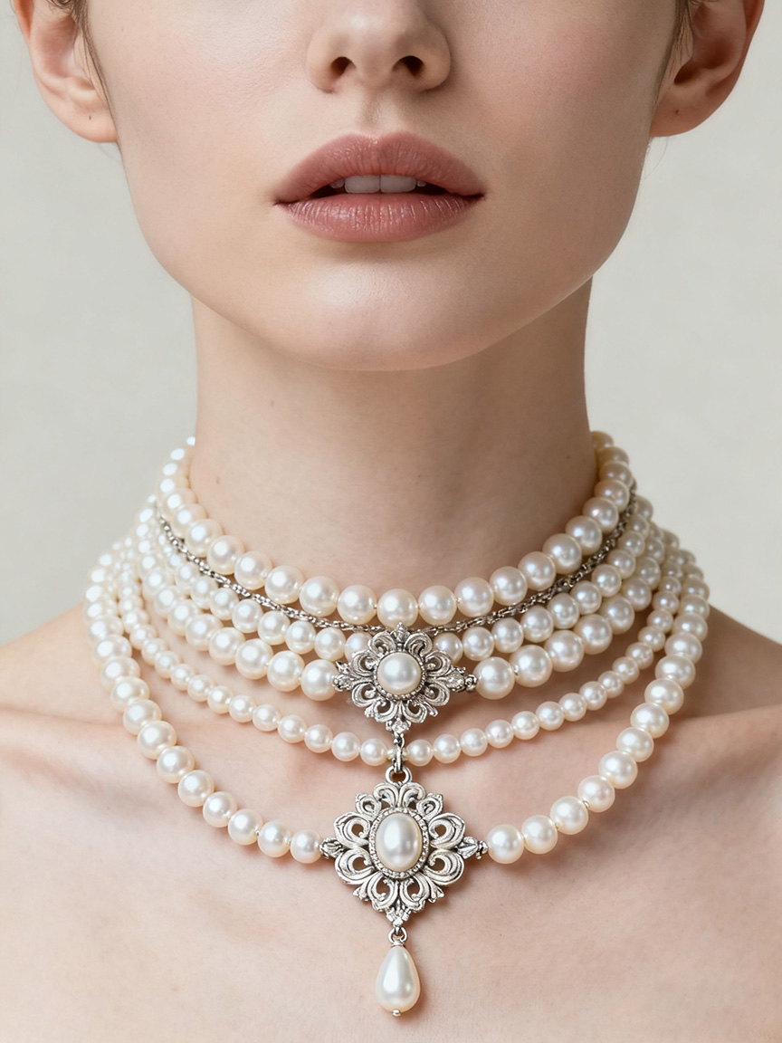 珠宝项链融入模特颈部佩戴效果