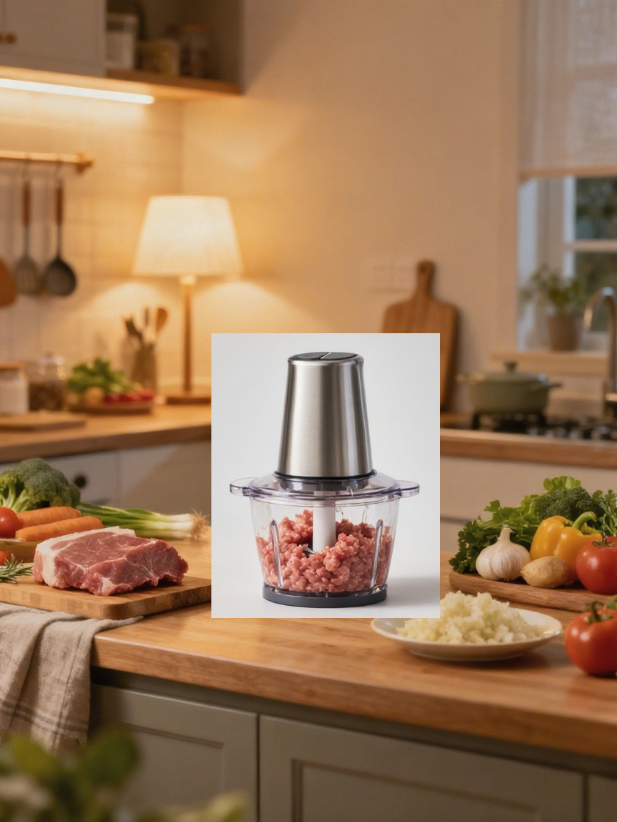 绞肉机融入厨房场景前白底产品图