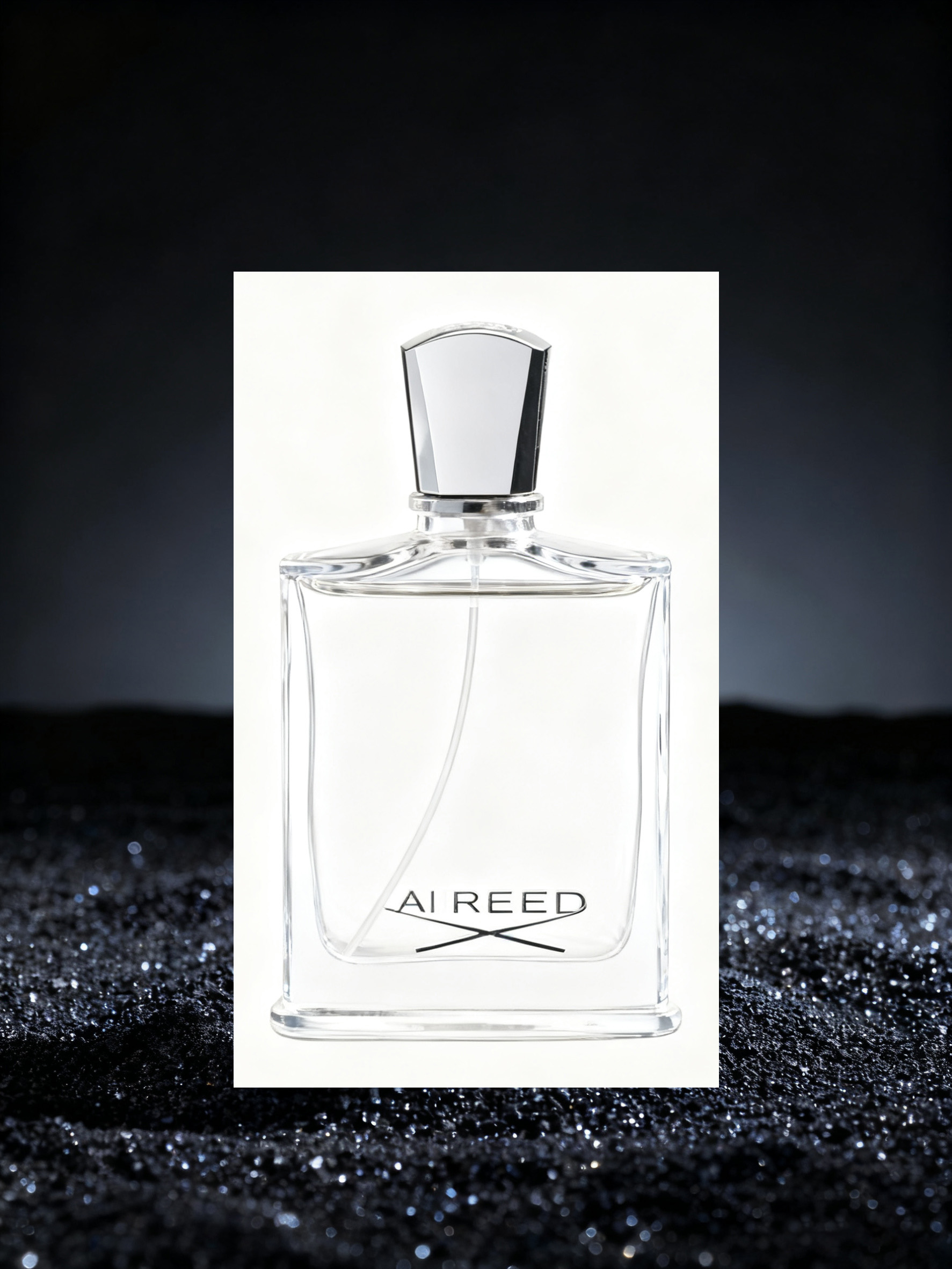 AI REED香水白底图叠放在黑色星光场景上有白边
