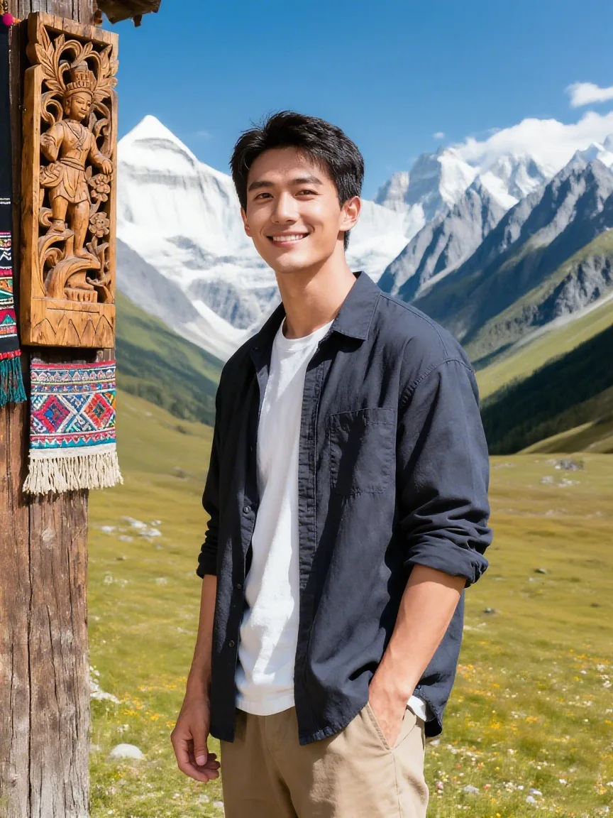 合成结果:人像自然融入稻城亚丁雪山背景,光影匹配 人像合成到稻城亚丁雪山草原场景