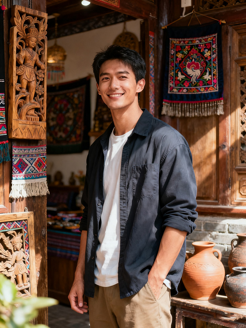 男生站在民族风装饰前的室内人像照