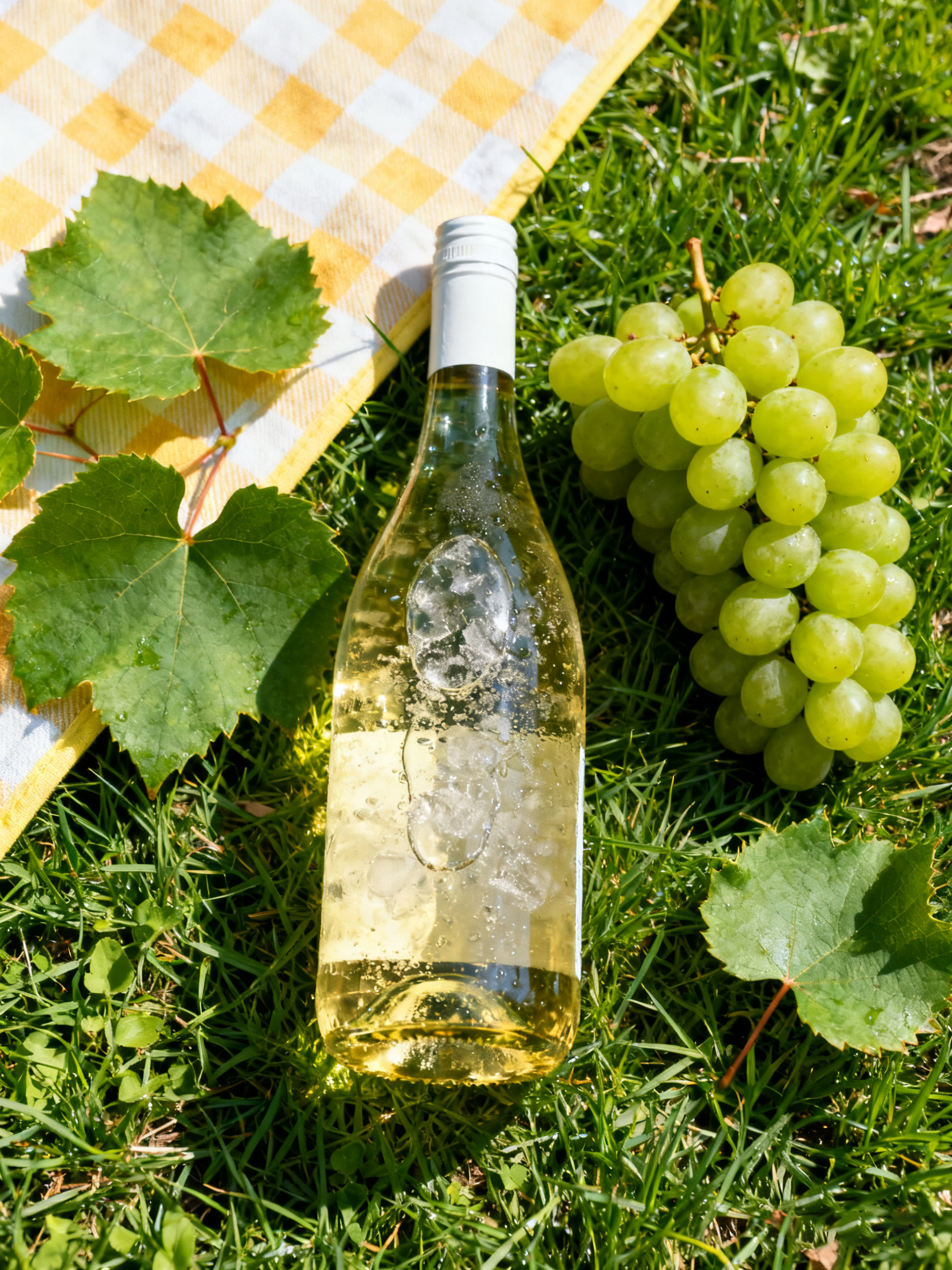 白葡萄酒瓶融入草地野餐场景效果自然