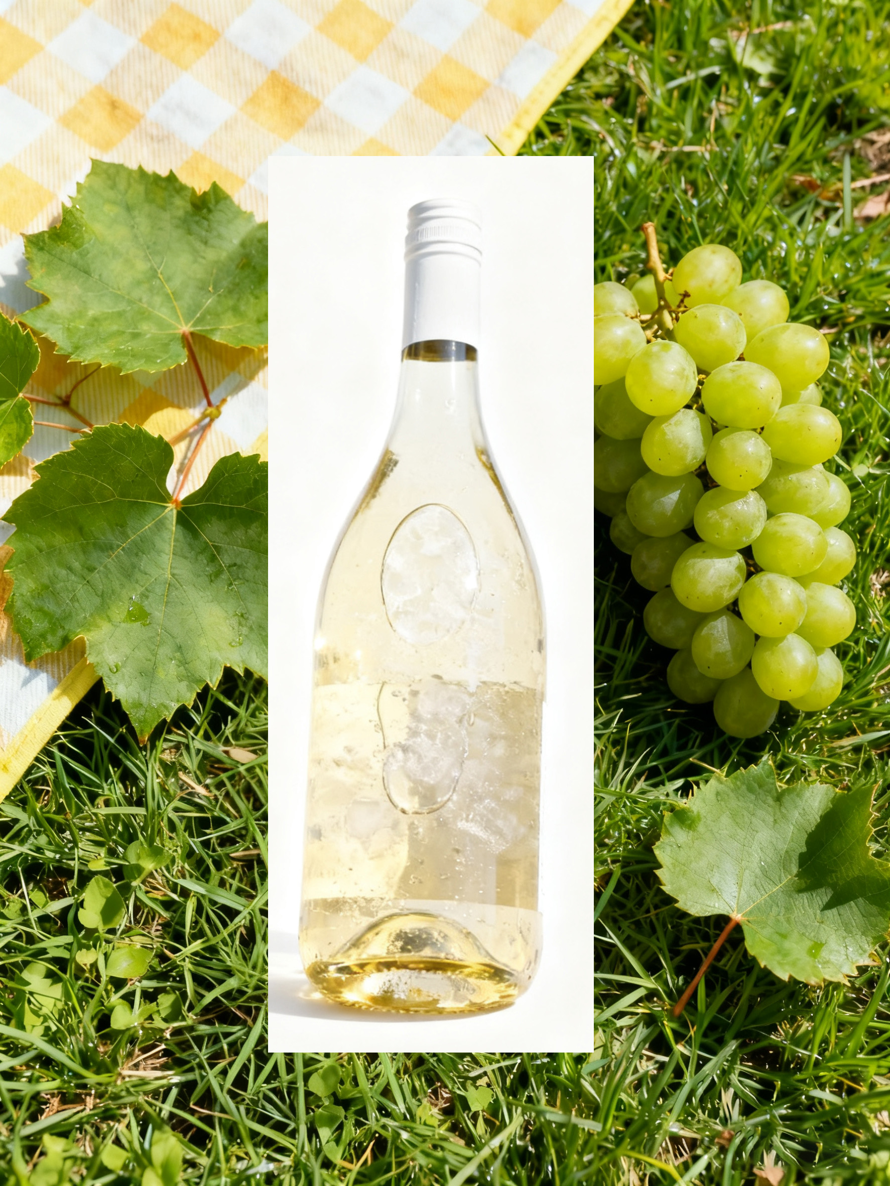 白葡萄酒瓶白底图叠放在草地野餐场景上