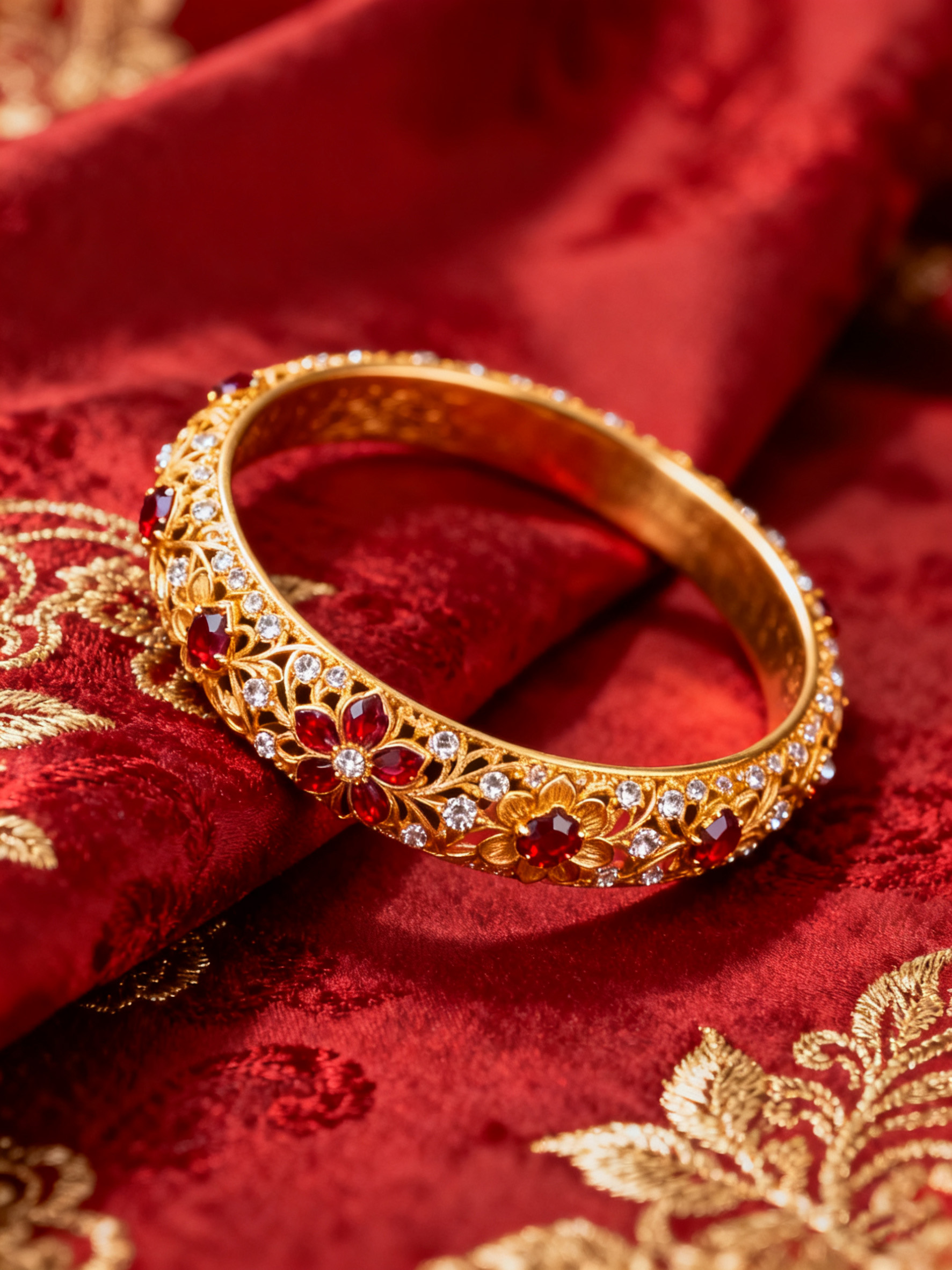 红绸背景上的金色镂空手镯