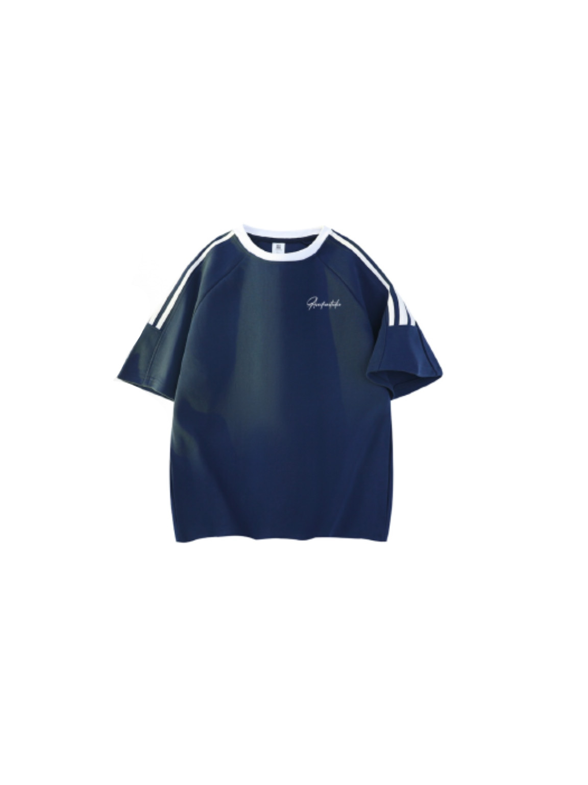 深蓝色运动T恤白底平铺图