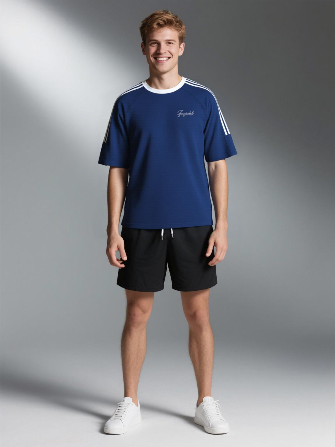 男性模特穿上深蓝色运动T恤效果