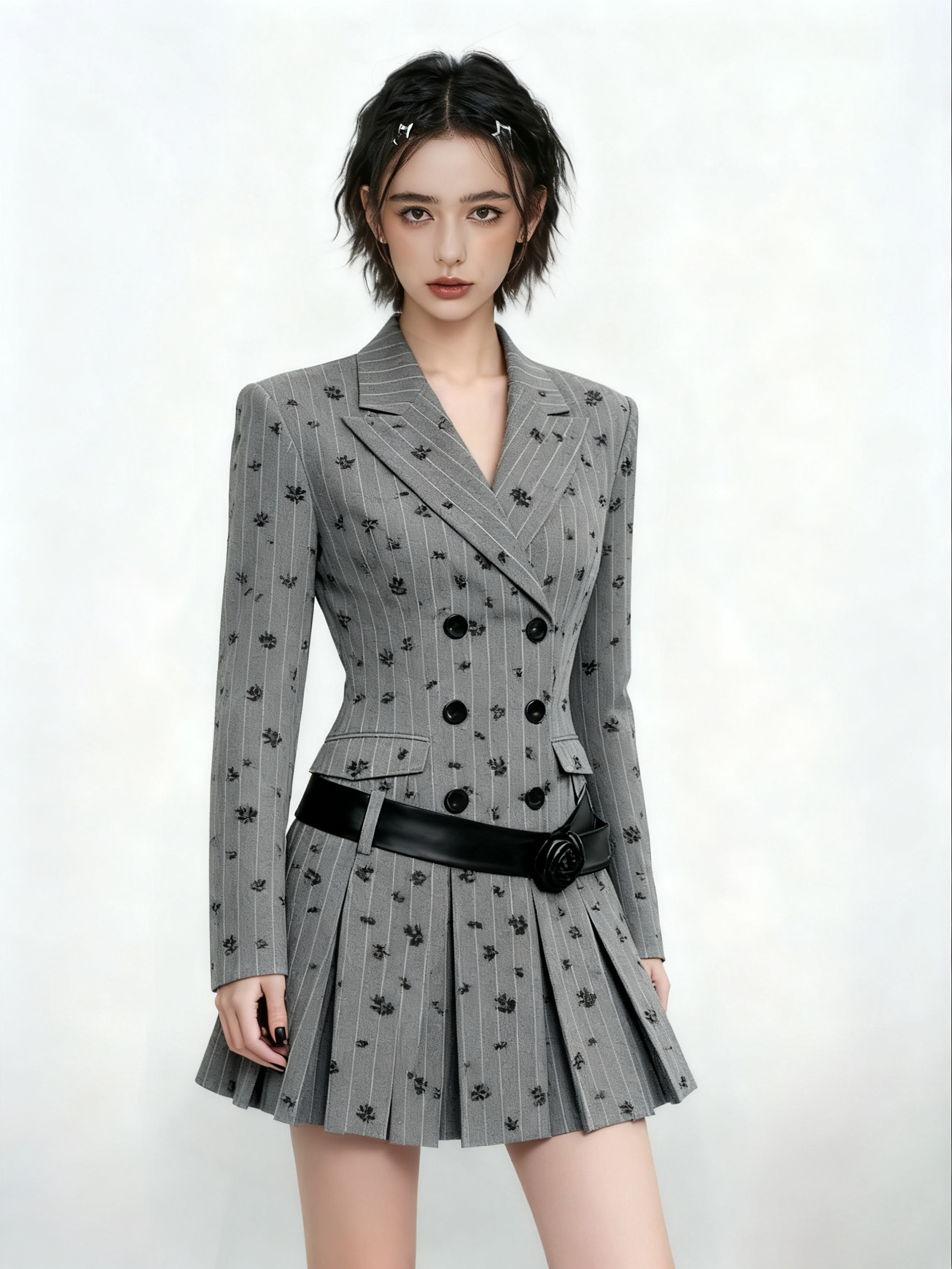 女模特换装后穿灰色条纹西装套装