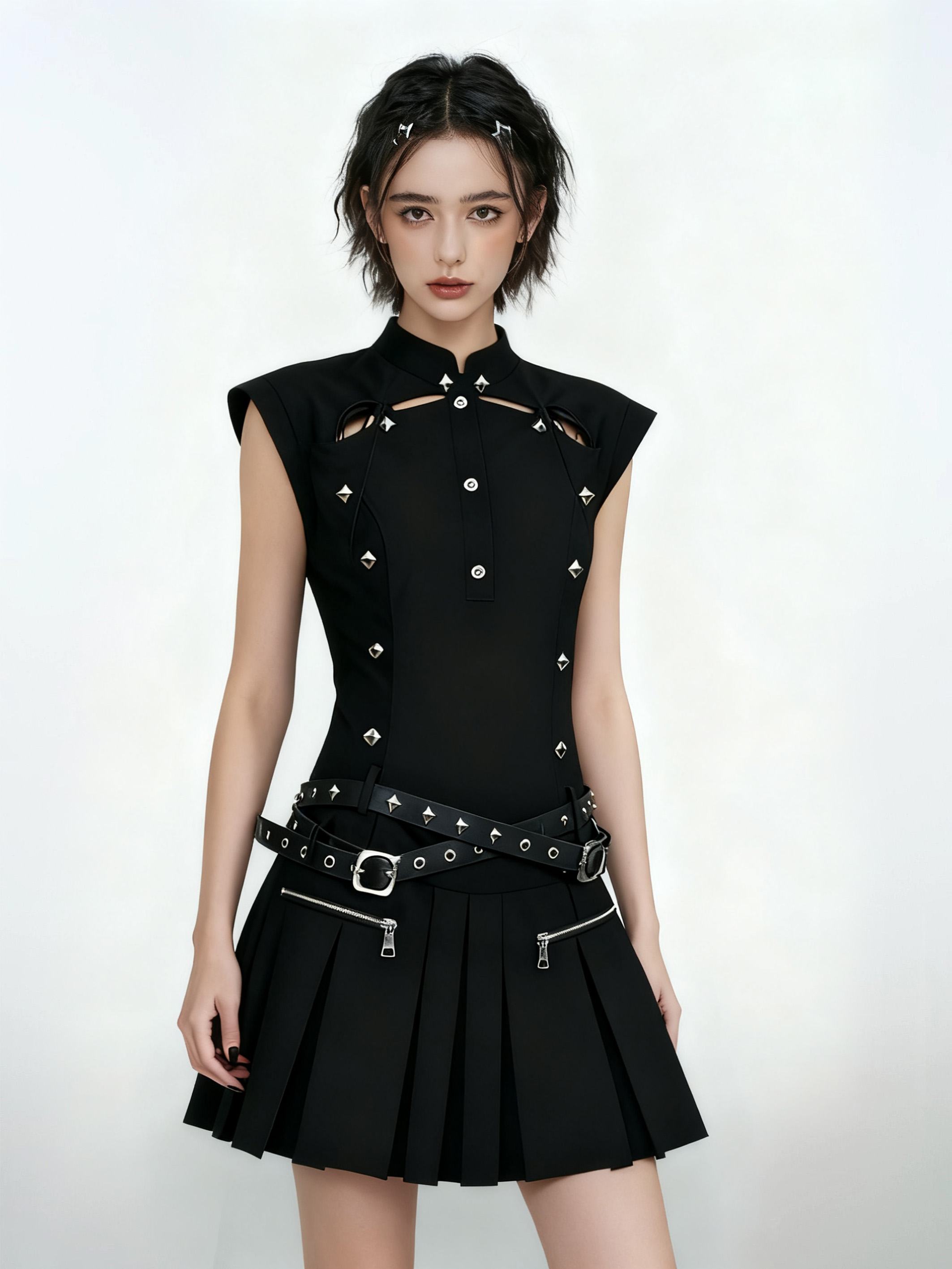 女模特穿黑色铆钉装饰朋克风上衣