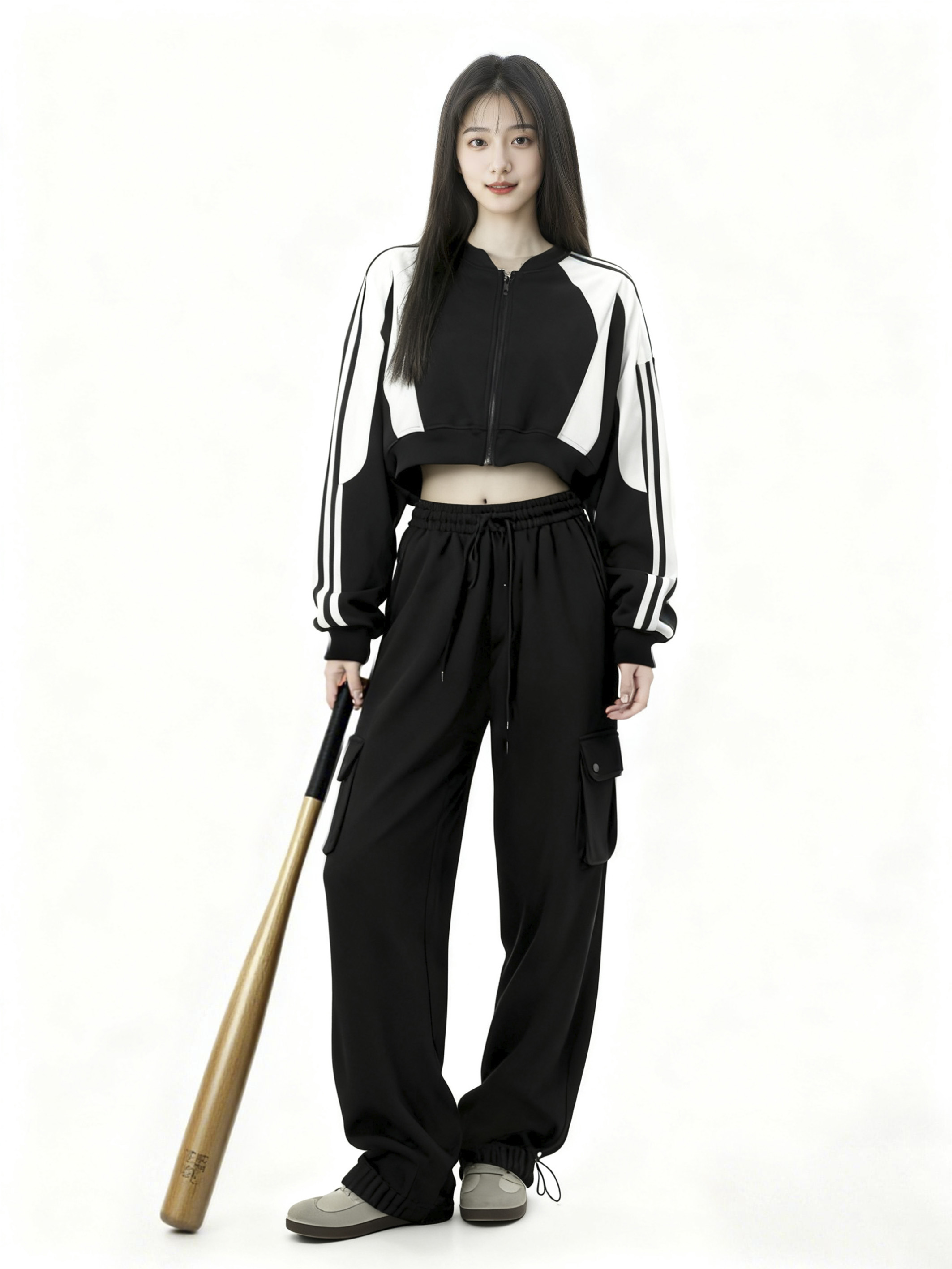 模特穿上运动套装后的效果图