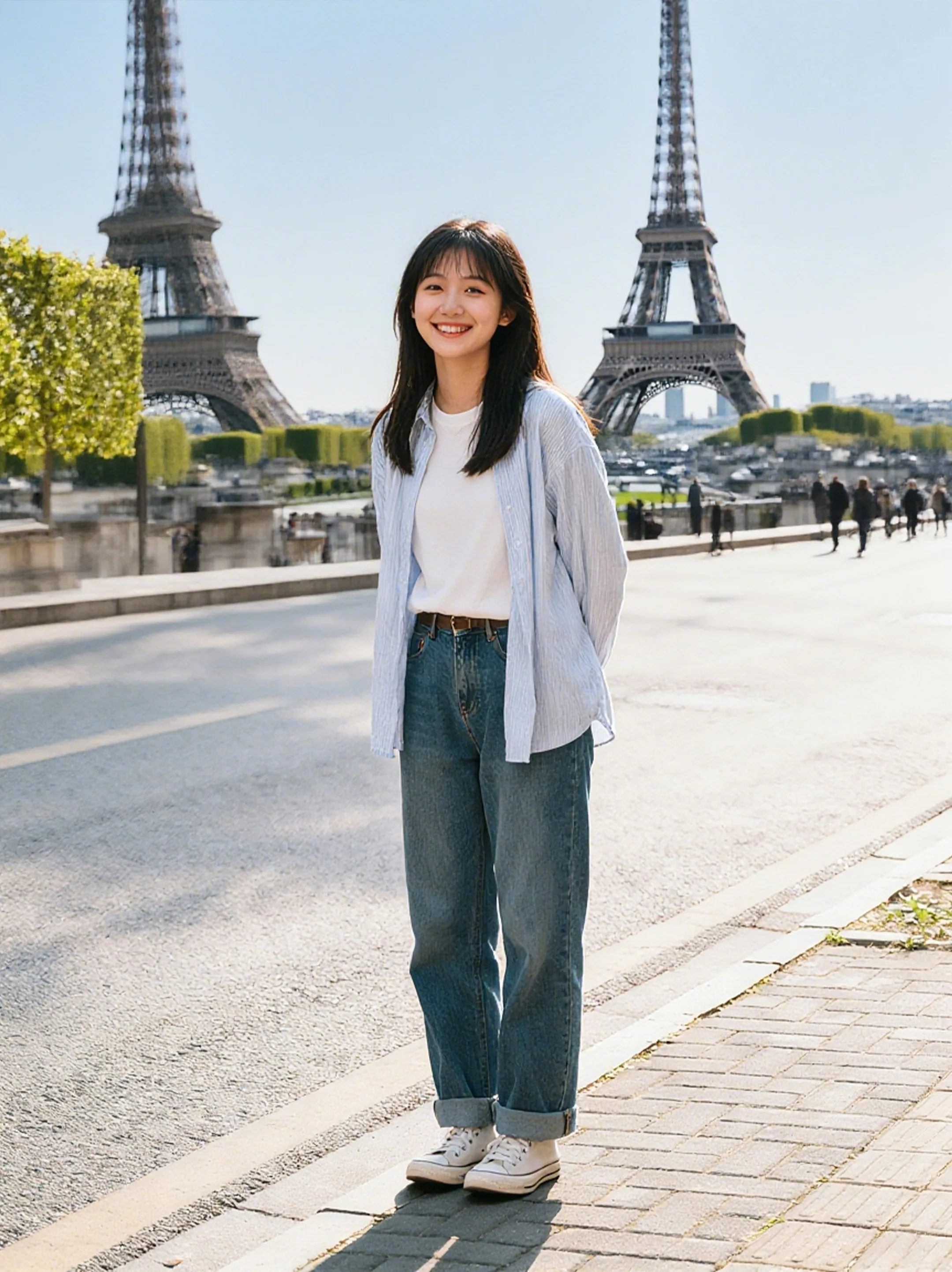 场景一:女孩在巴黎街头,建筑和光线风格匹配 女孩放在巴黎场景