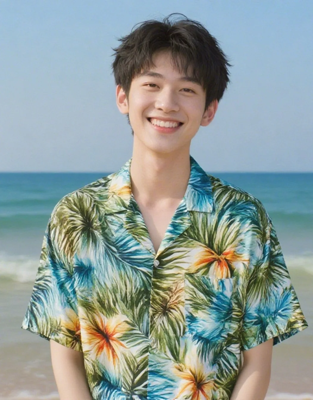 换衣+换场景:海边场景中的男模特穿上了衬衫 男模特海边场景换上衬衫