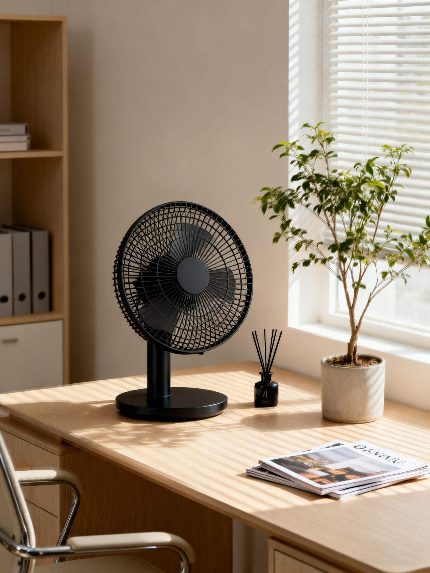 黑色桌面风扇在办公桌场景中位置摆放
