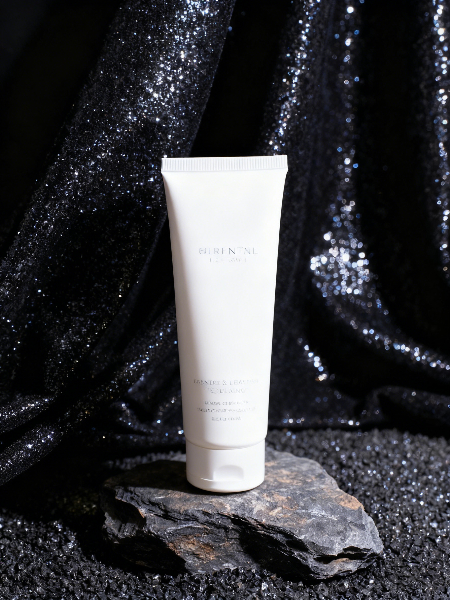 护肤品在闪光布和岩石场景中迁移前