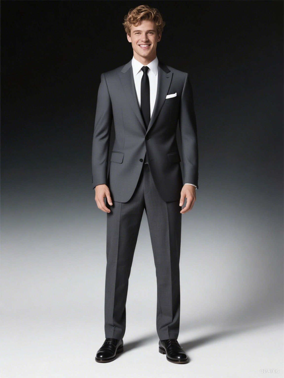 模特换上灰色西装外套