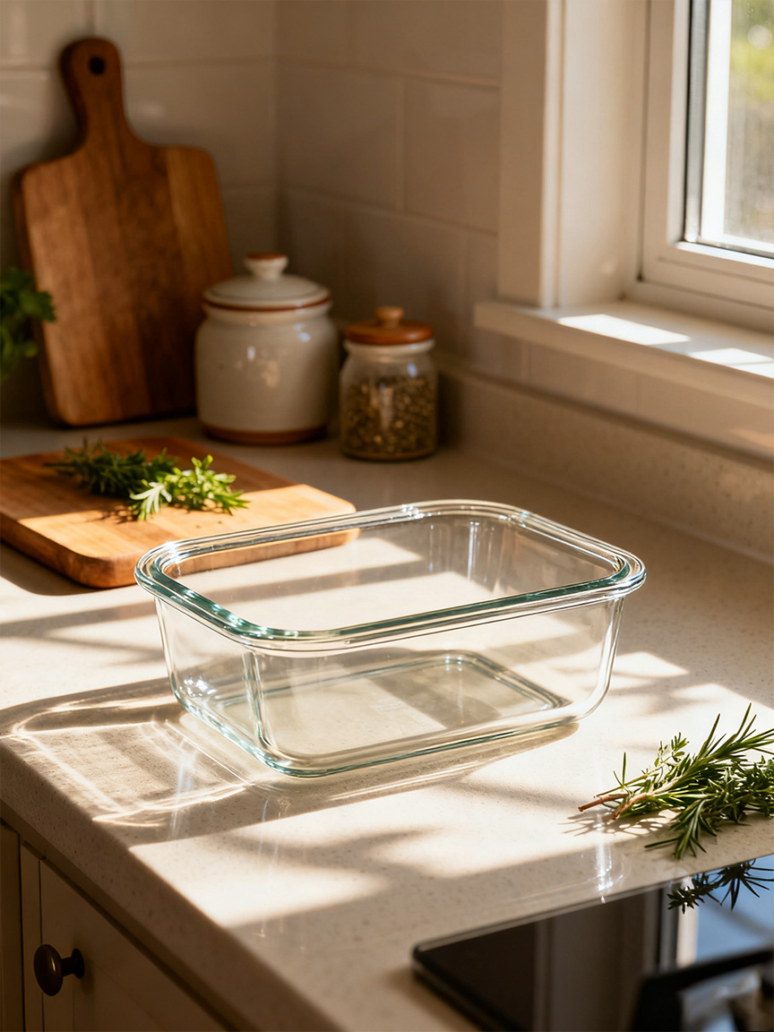 玻璃饭盒融入厨房台面场景效果