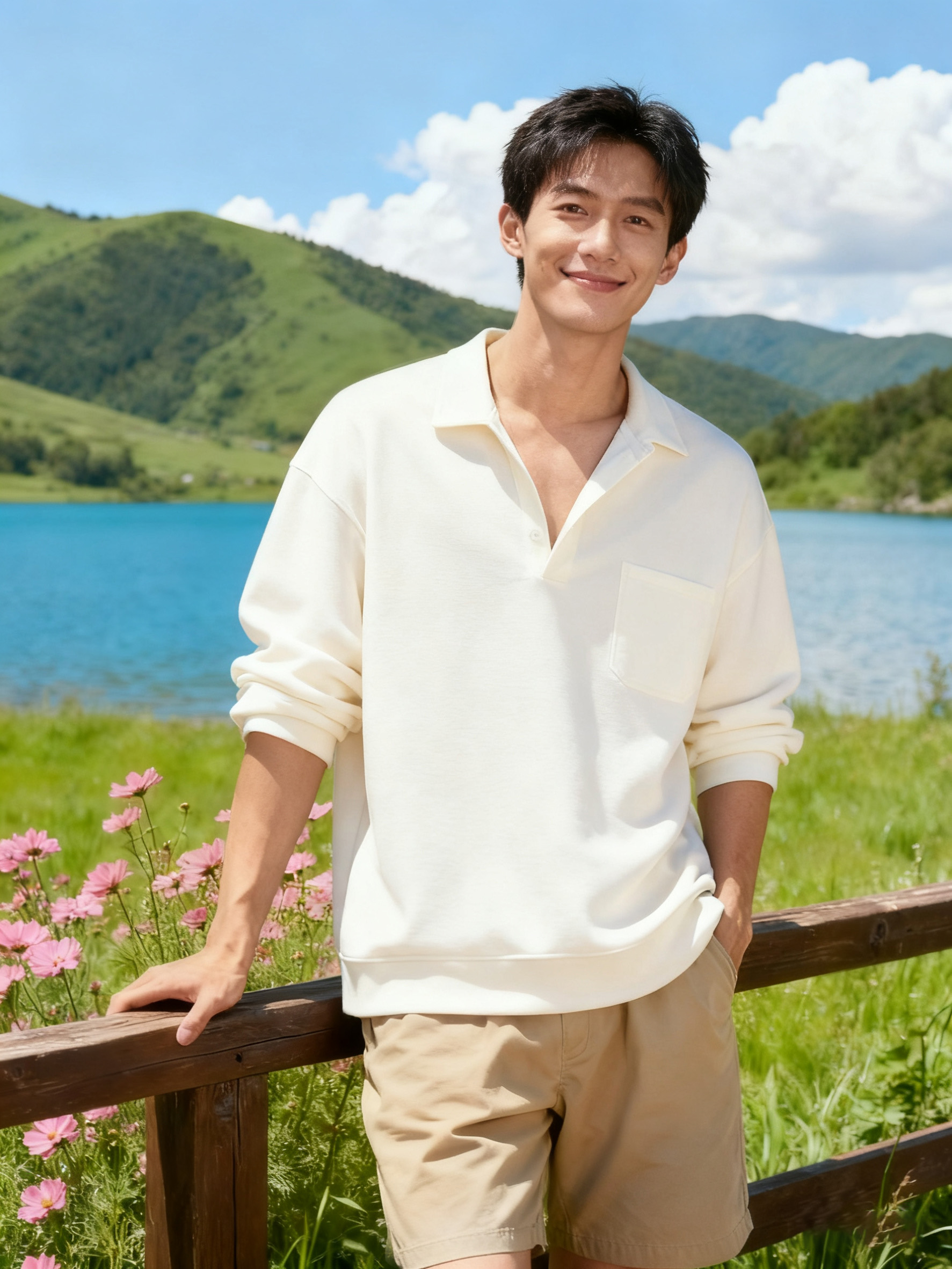 同一男生同一场景换上白色翻领长袖