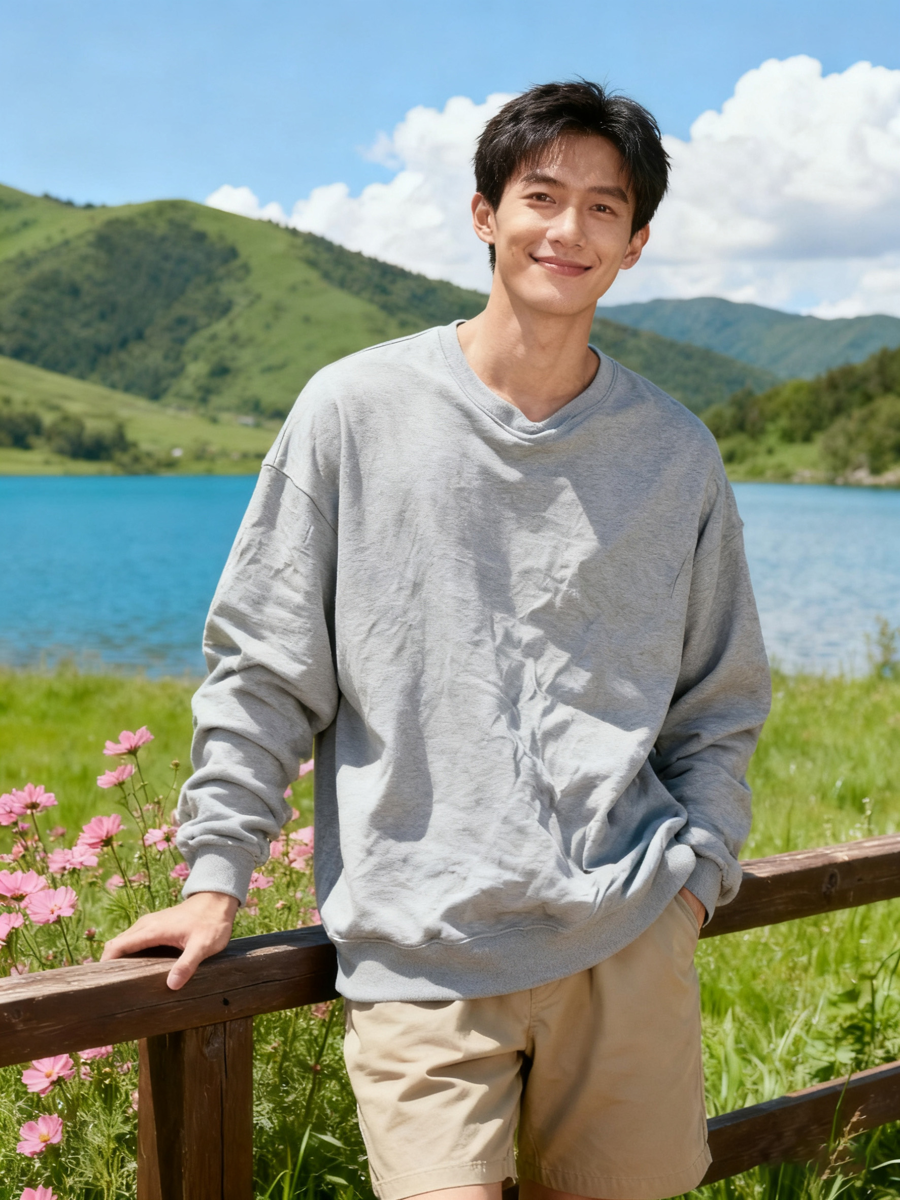 男生站在湖边草地上穿灰色卫衣