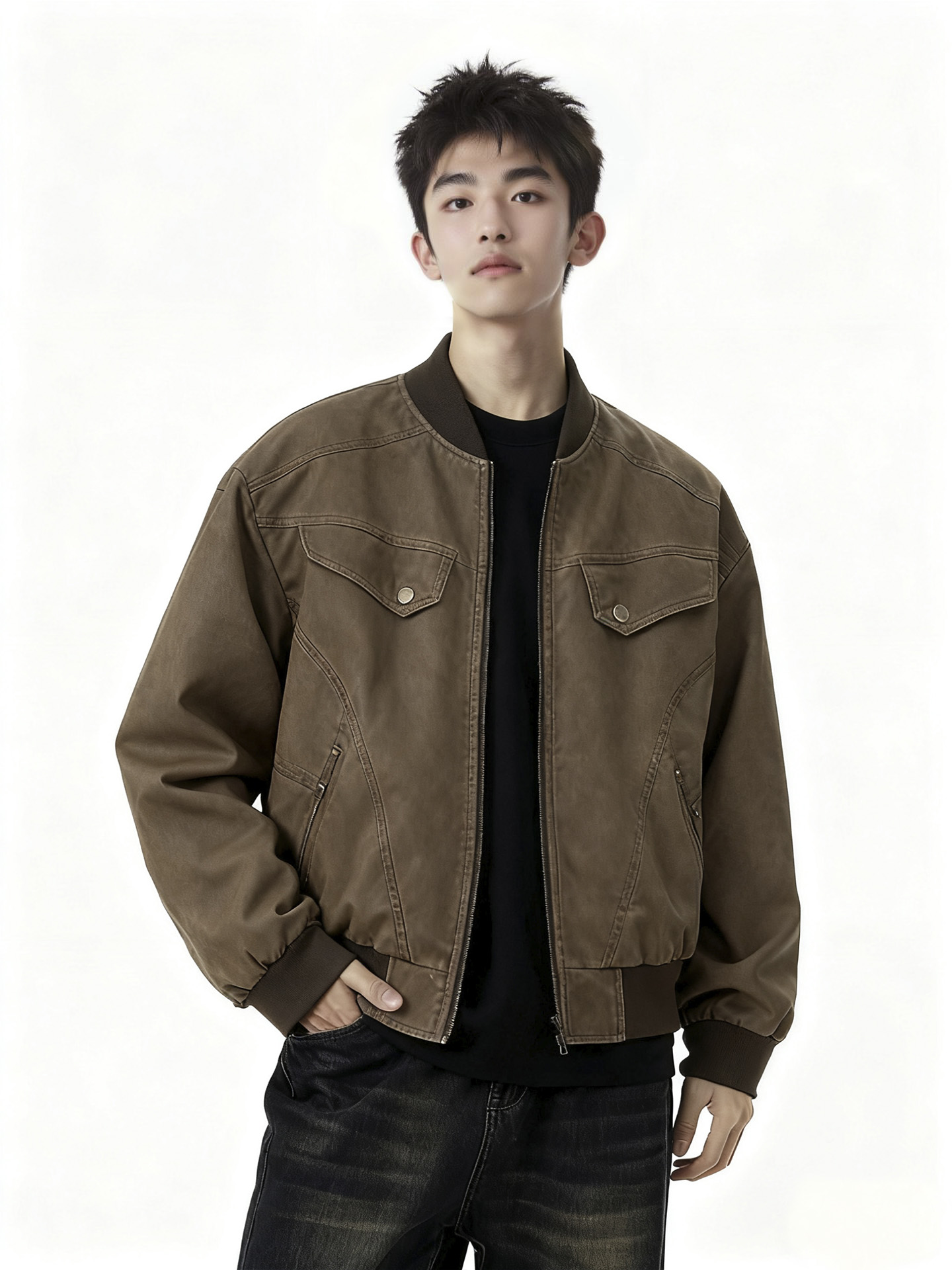 男模特穿上棕色工装夹克效果自然