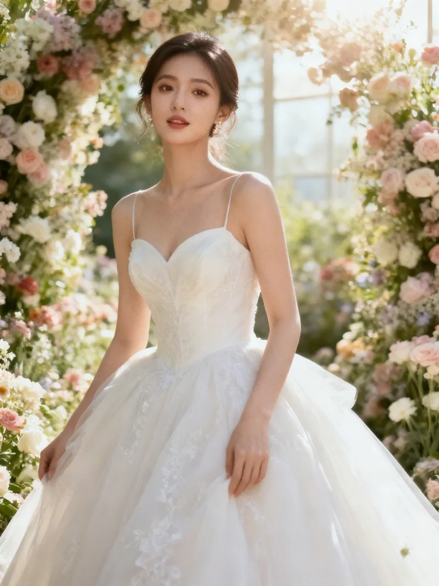 去水印后:水印消失,婚纱蕾丝细节完整保留 婚纱照水印去除后