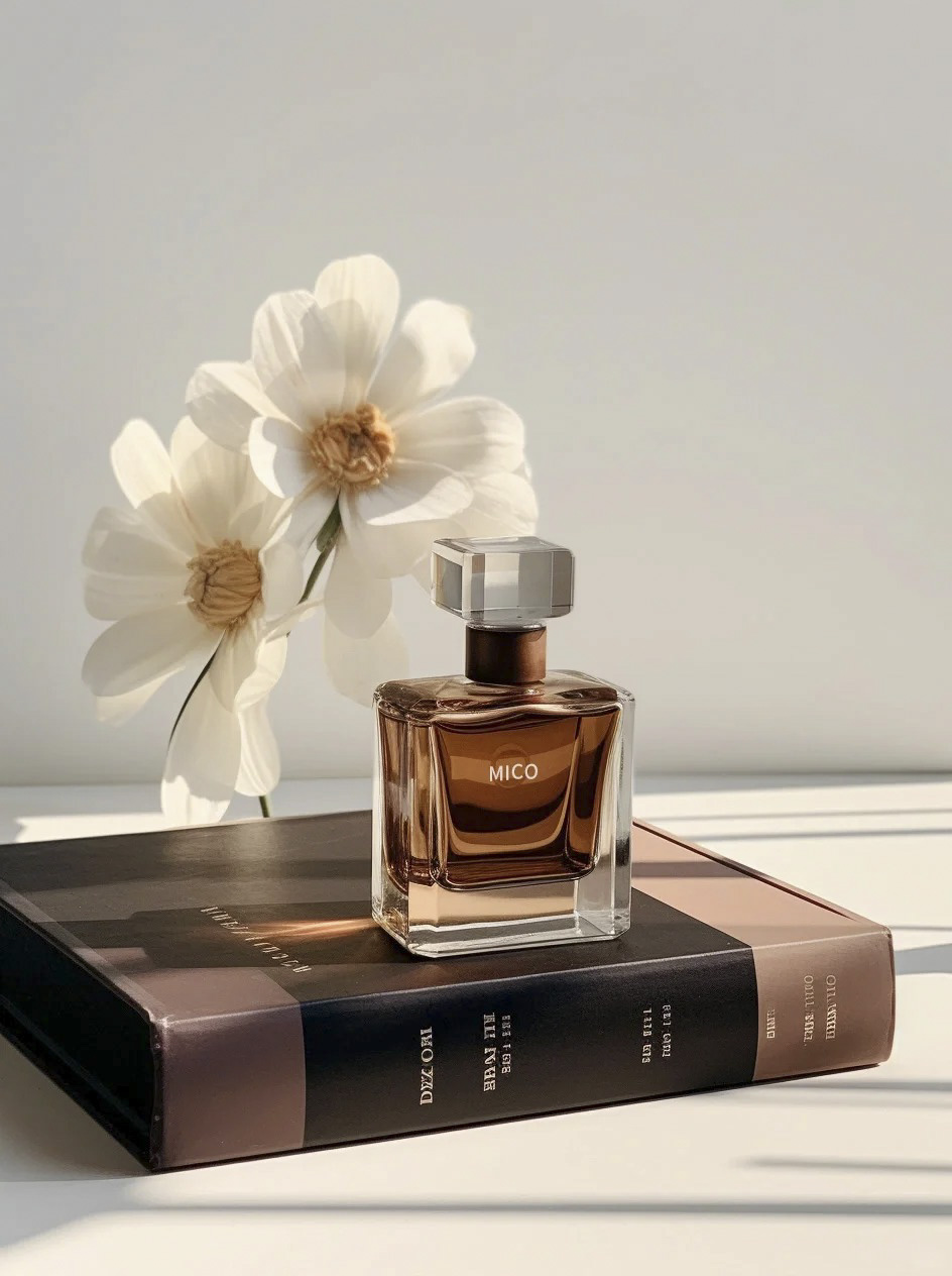 香水瓶放在书本和白花场景中的原始效果